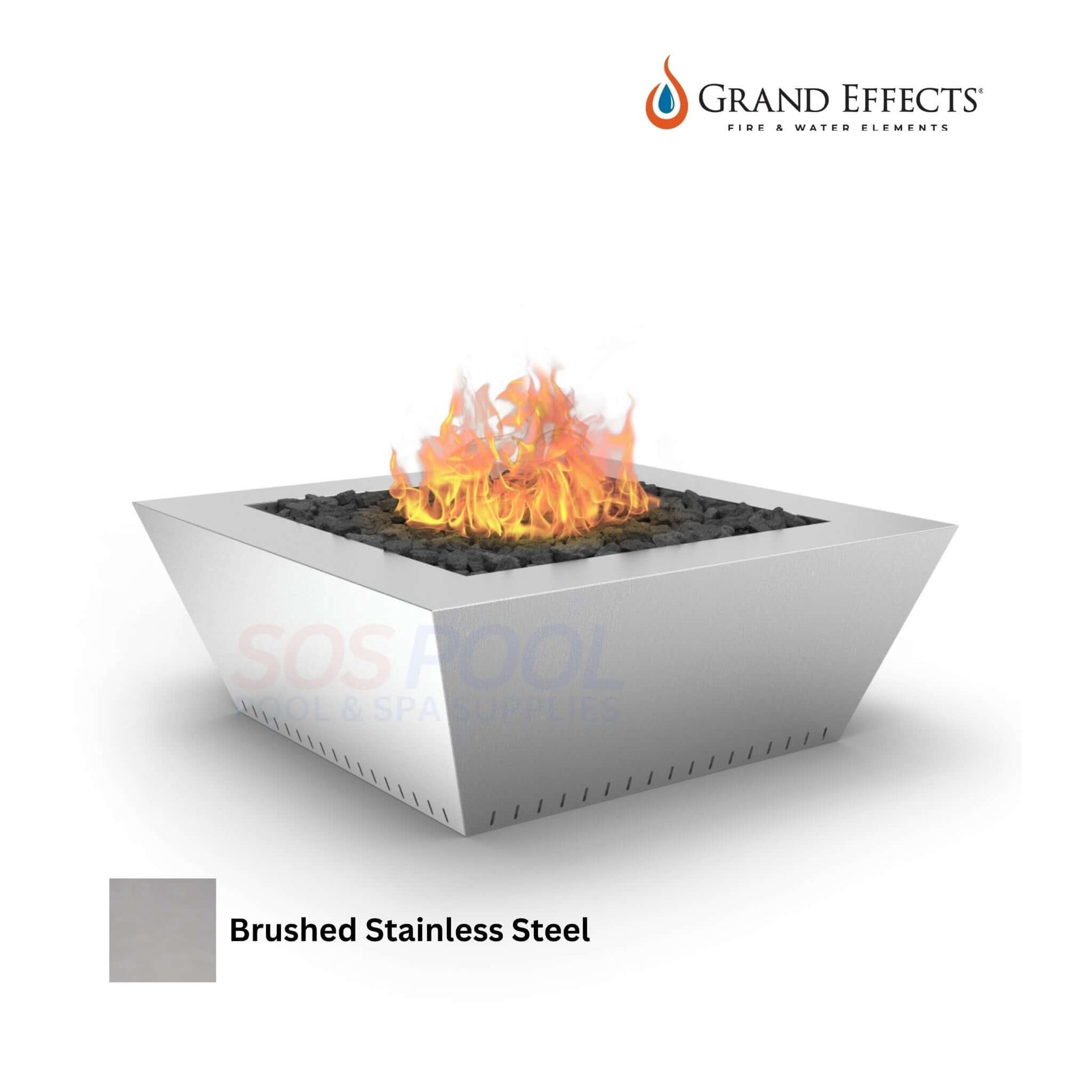 Grand Effects Fire Table in brushed stainless steel with flames, 48"x48"x18", part of SOS Pool collection.