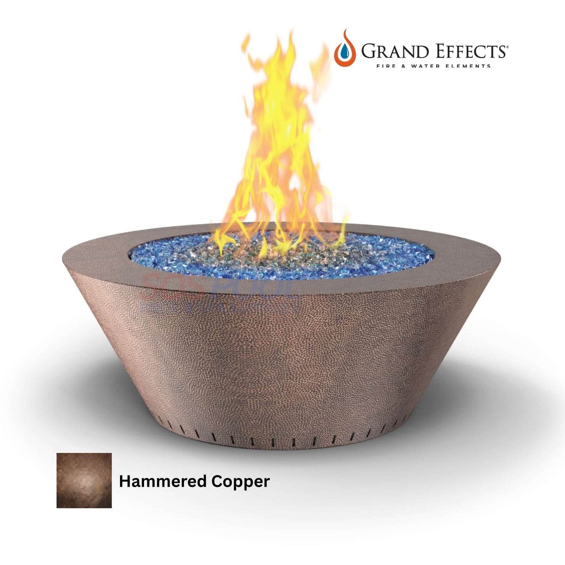 Grand Effects Grand Essex Fire Table in hammered copper with flames and glass, SKU: SOS Pool.
