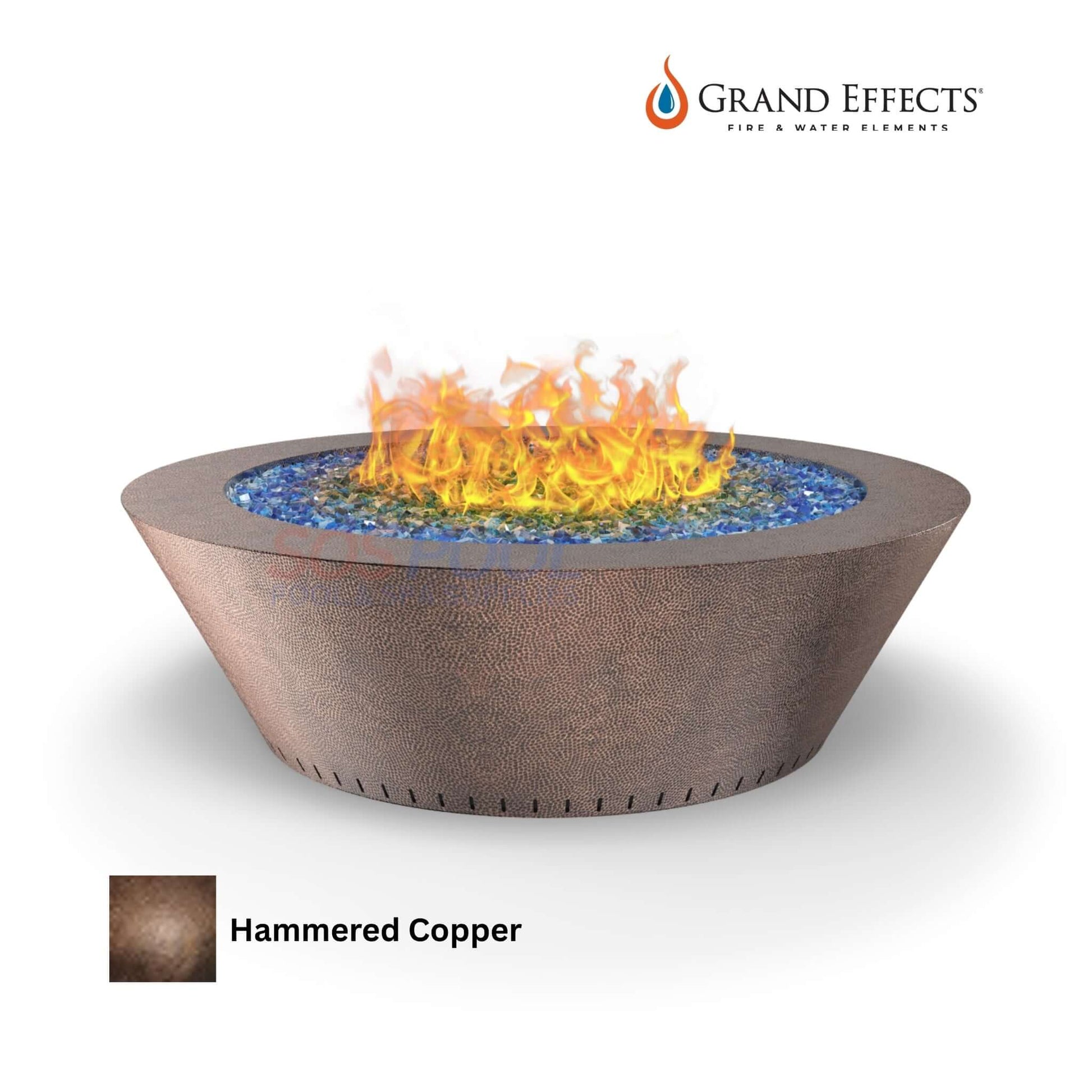 Grand Effects Grand Essex Fire Table in Oil Rubbed Hammered Copper with flames and blue glass, SKU: SOS Pool.