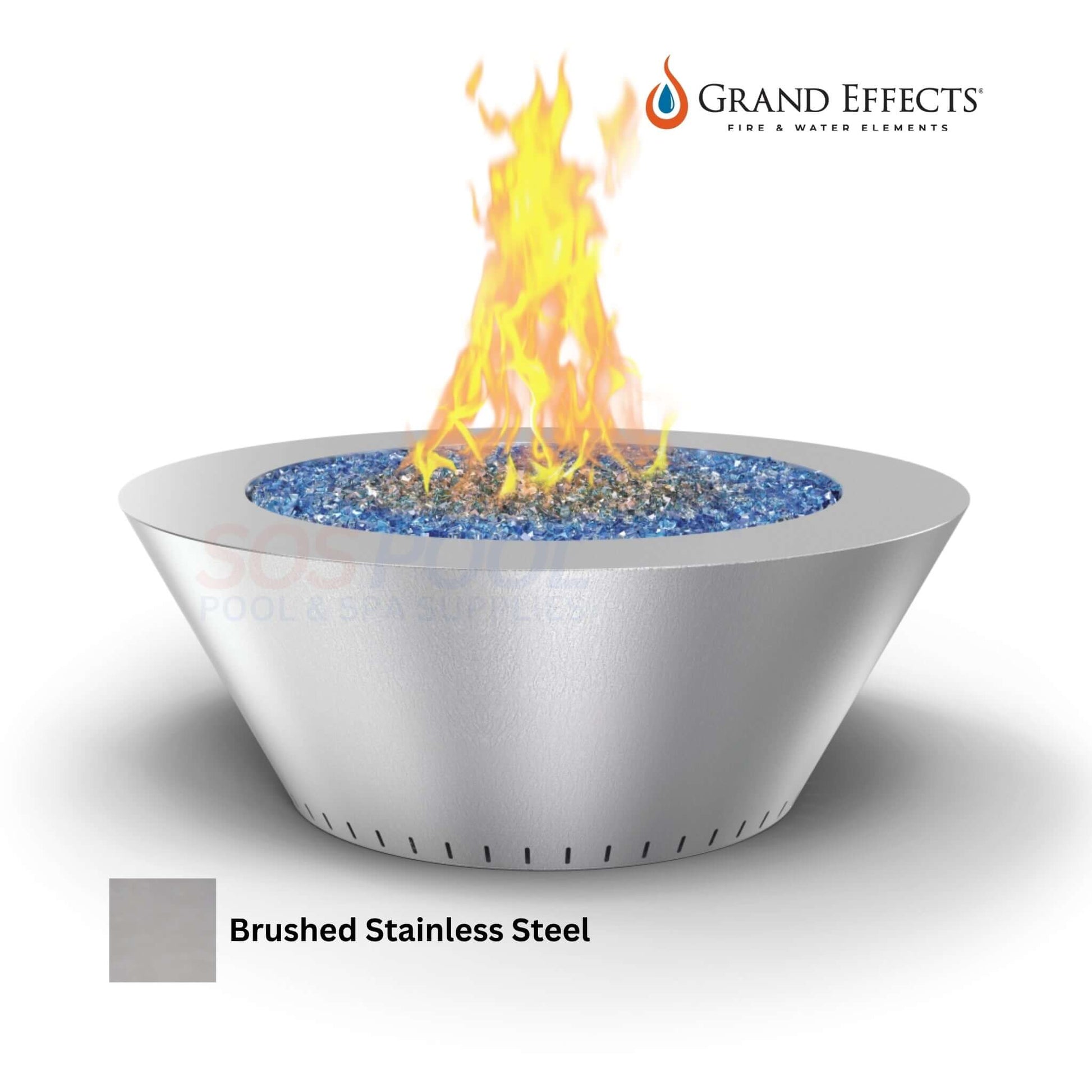 Grand Effects Grand Essex Fire Table in brushed stainless steel with vibrant flame and blue glass beads, SKU: SOS Pool.