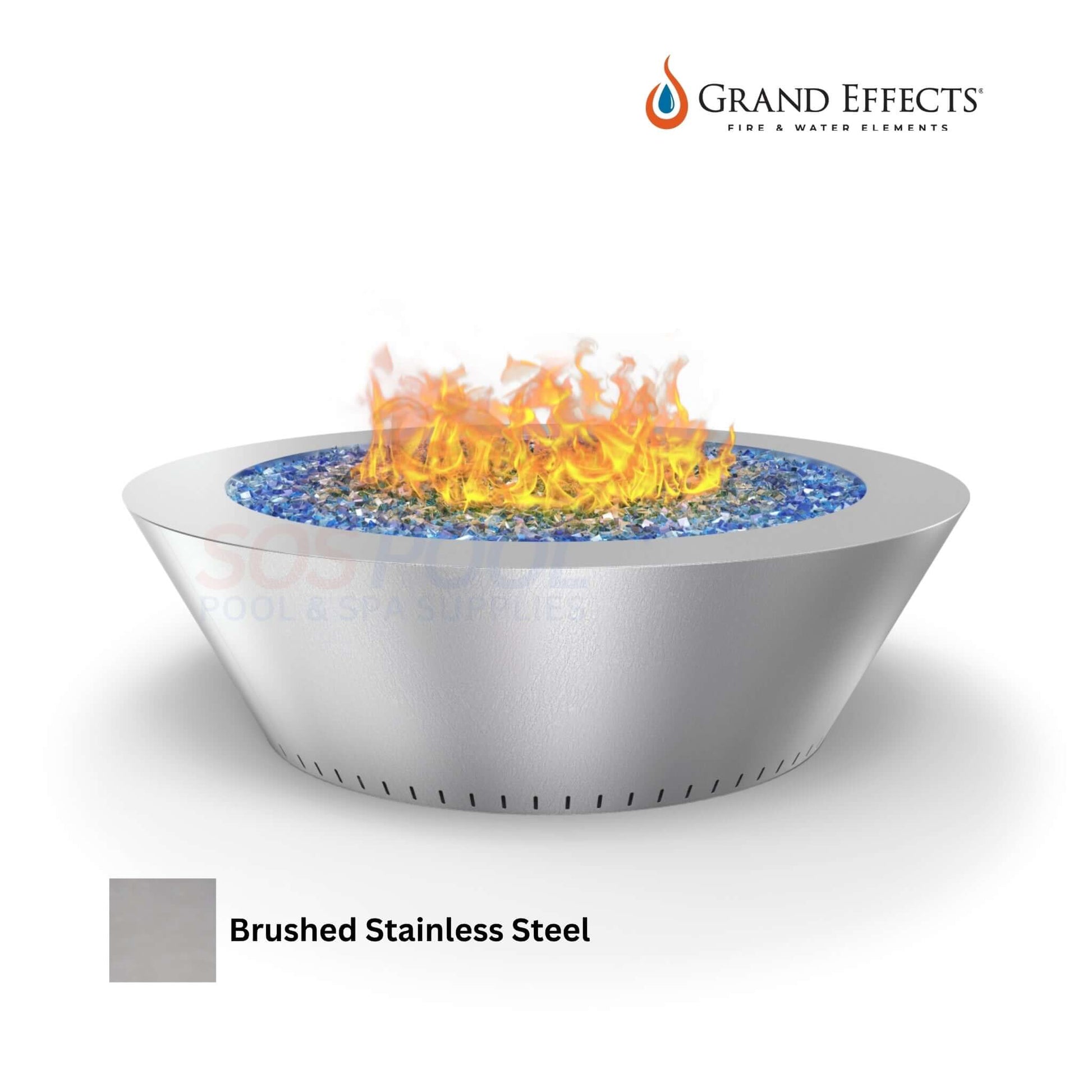 Grand Effects Grand Essex Fire Table in brushed stainless steel with flames, SKU: SOS Pool.
