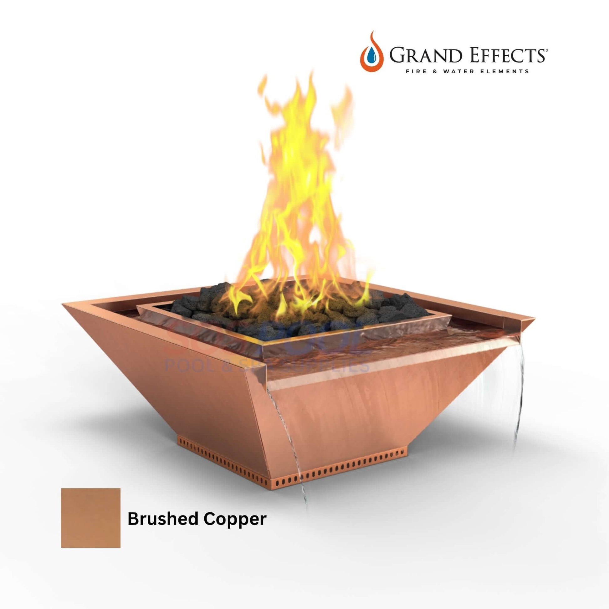 Grand Effects Square Corinthian Fire & Water Bowl in brushed copper, showcasing fire feature, SKU: SOS Pool.