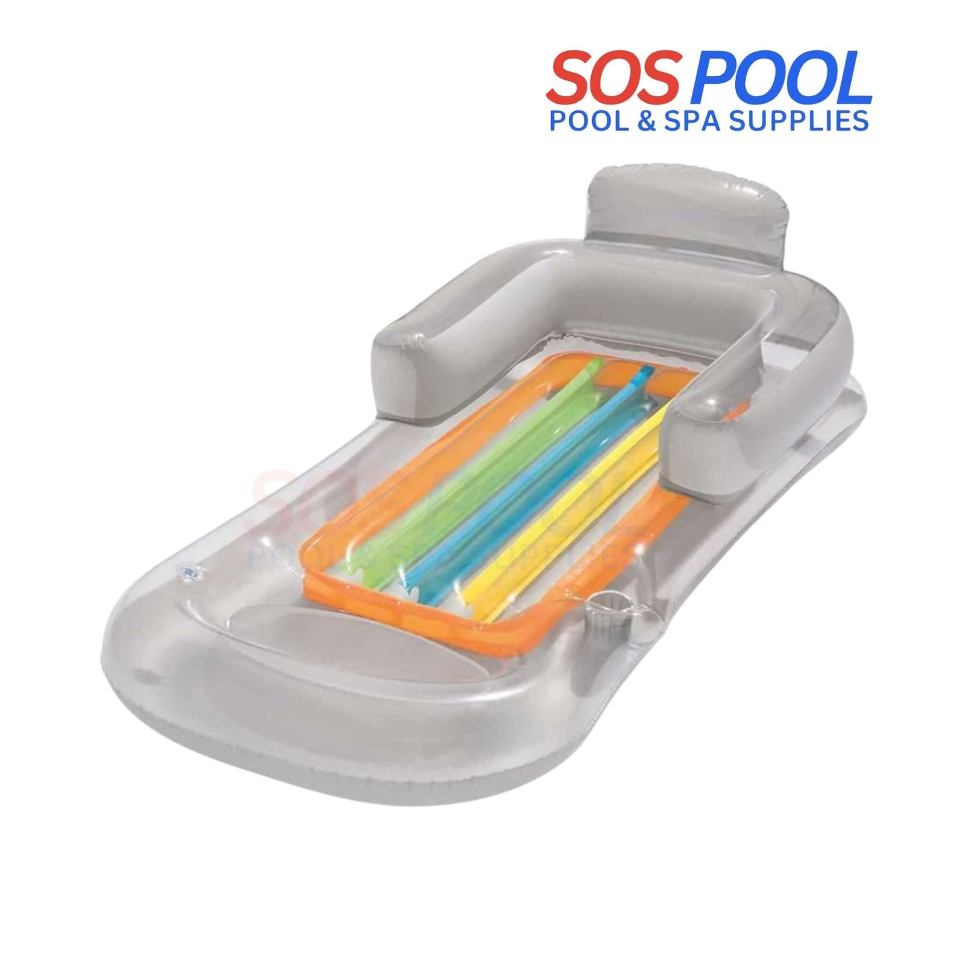 H2O GO Designer Fashion Lounge 43028E in clear color with armrests and cup holder, perfect for relaxing in the pool by SOS Pool.