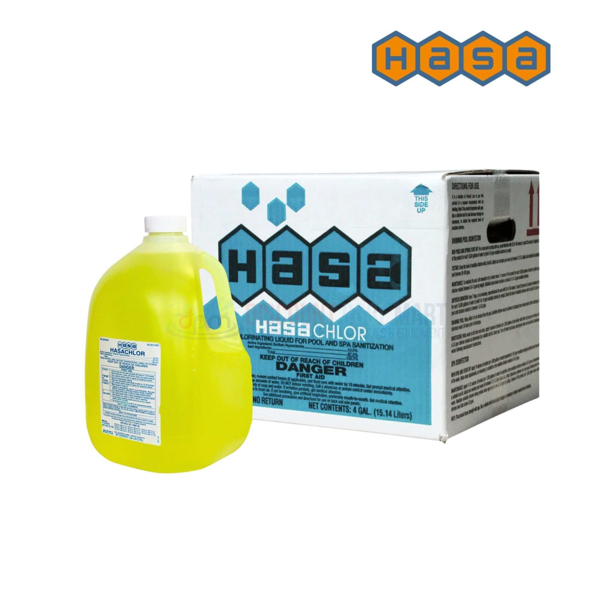 HASA Sani-Chlor Liquid Chlorine 12.5%, 1-gallon container for effective SOS Pool sanitation and water treatment.