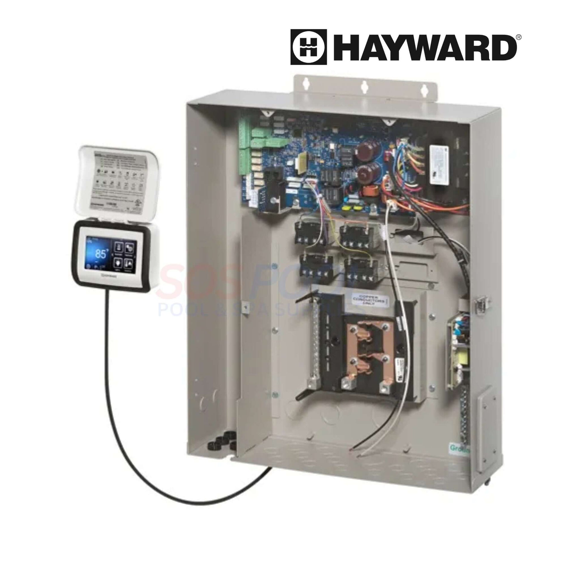 Hayward OmniPL 4 Relay Control System HLPLUS4W showcasing internal components and digital interface, ideal for SOS Pool automation.