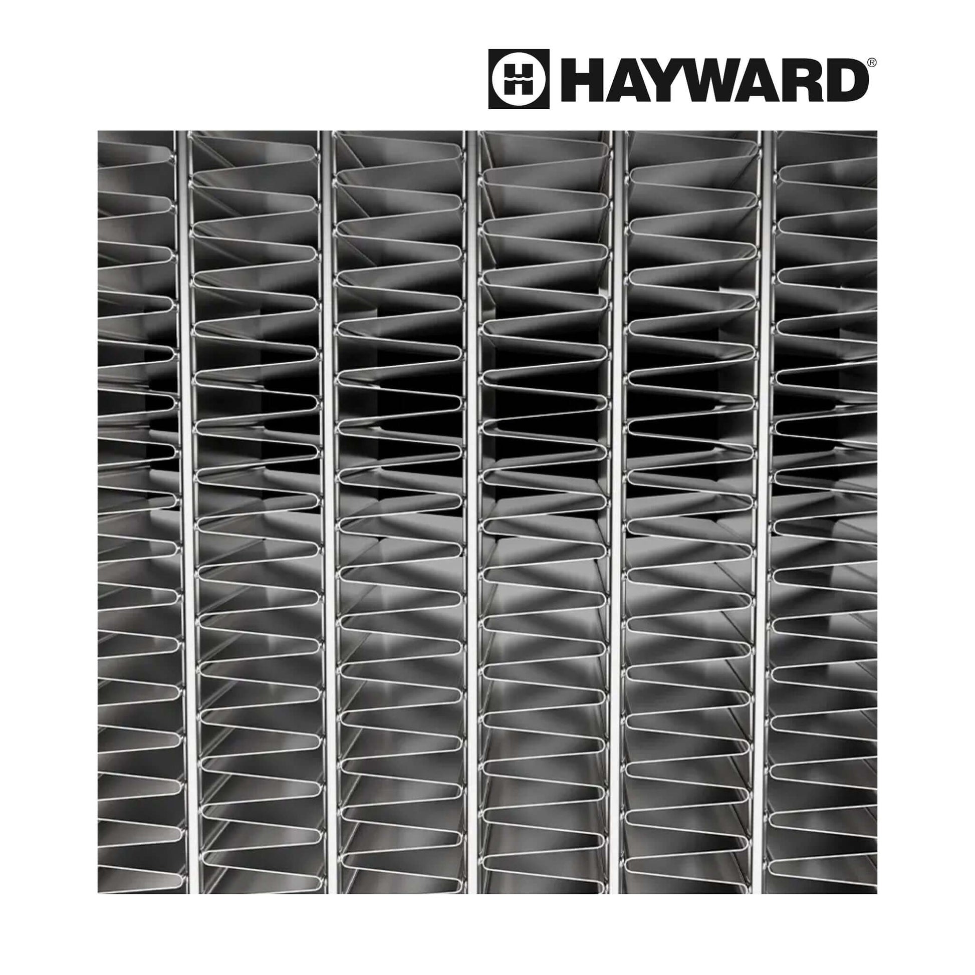 Close-up of the Hayward HeatPro HP21405T microchannel heat exchanger, showcasing sleek design for efficient pool heating.