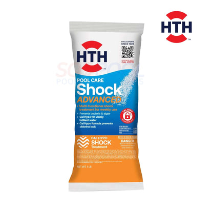 HTH Advanced Shock 1 lb (52035) packaging, quick-dissolving Cal-Hypo sanitizer for crystal-clear pool water, ideal for weekly use.