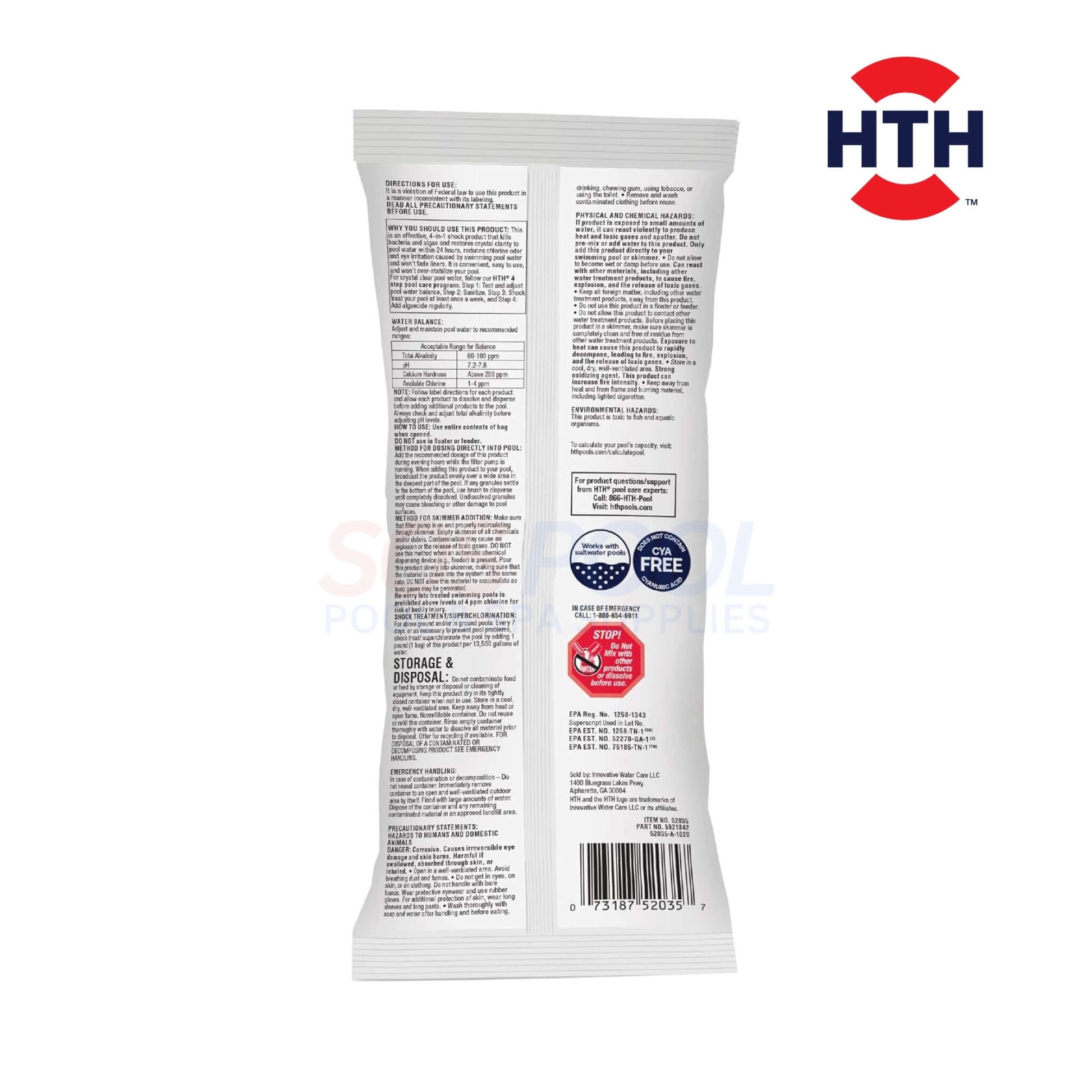 HTH Advanced Shock 1 lb bag model 52035 showing back label, ideal for pool supplies and algae prevention, SOS Pool brand.