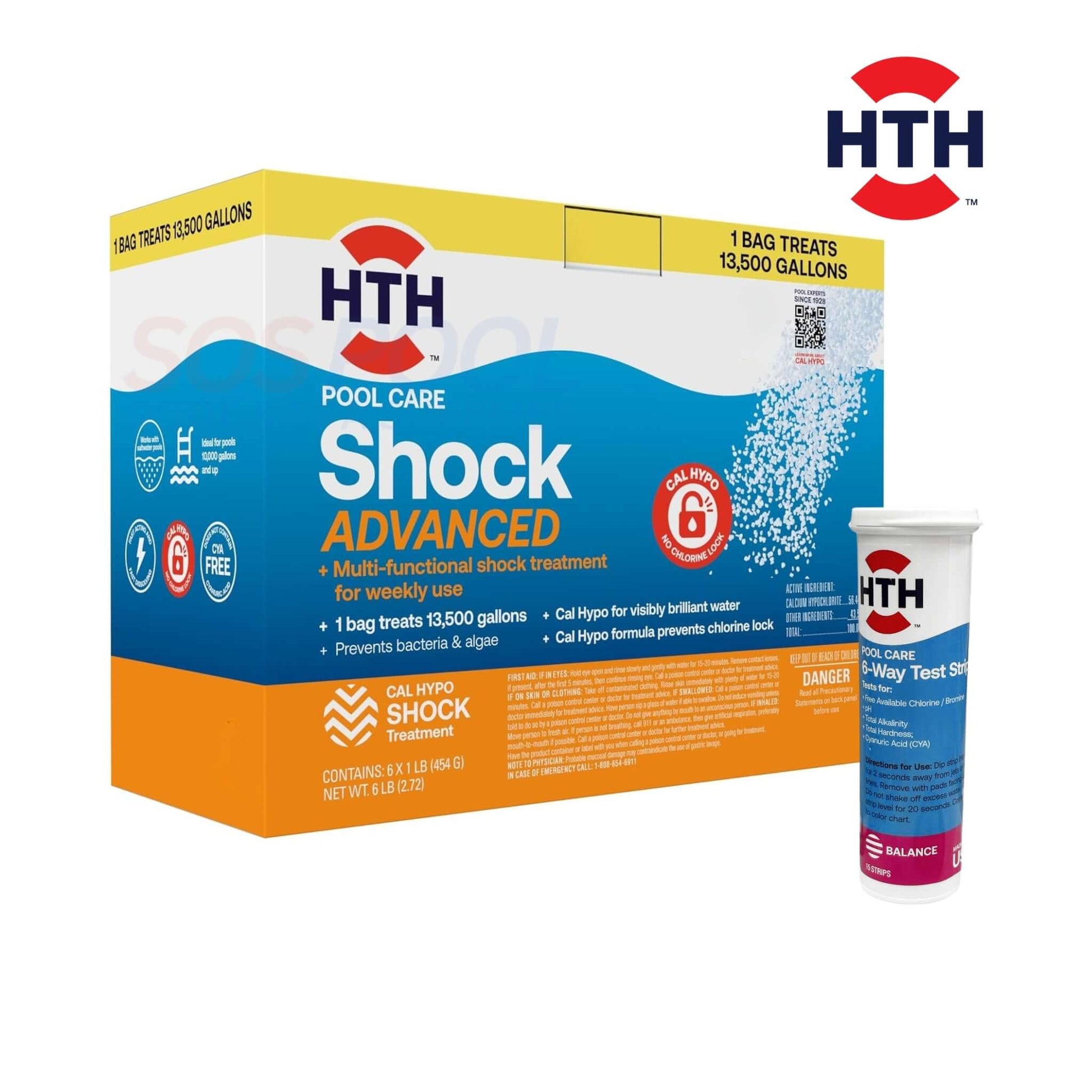 HTH Advanced Shock 1 lb. (SKU 52035) for crystal-clear pools; multi-functional, Cal-Hypo sanitizer, treats 13,500 gallons.