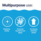 HTH Pool Care Shock multipurpose use infographic showing restores clarity, prevents bacteria and algae, increases chlorine levels.
