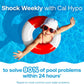 Child in sunglasses floating on a life ring in pool, promoting HTH Pool Care Shock for 90% pool problem solution.