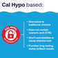 Cal Hypo benefits infographic highlighting no chlorine lock, no CYA, and long-lasting results in blue background.