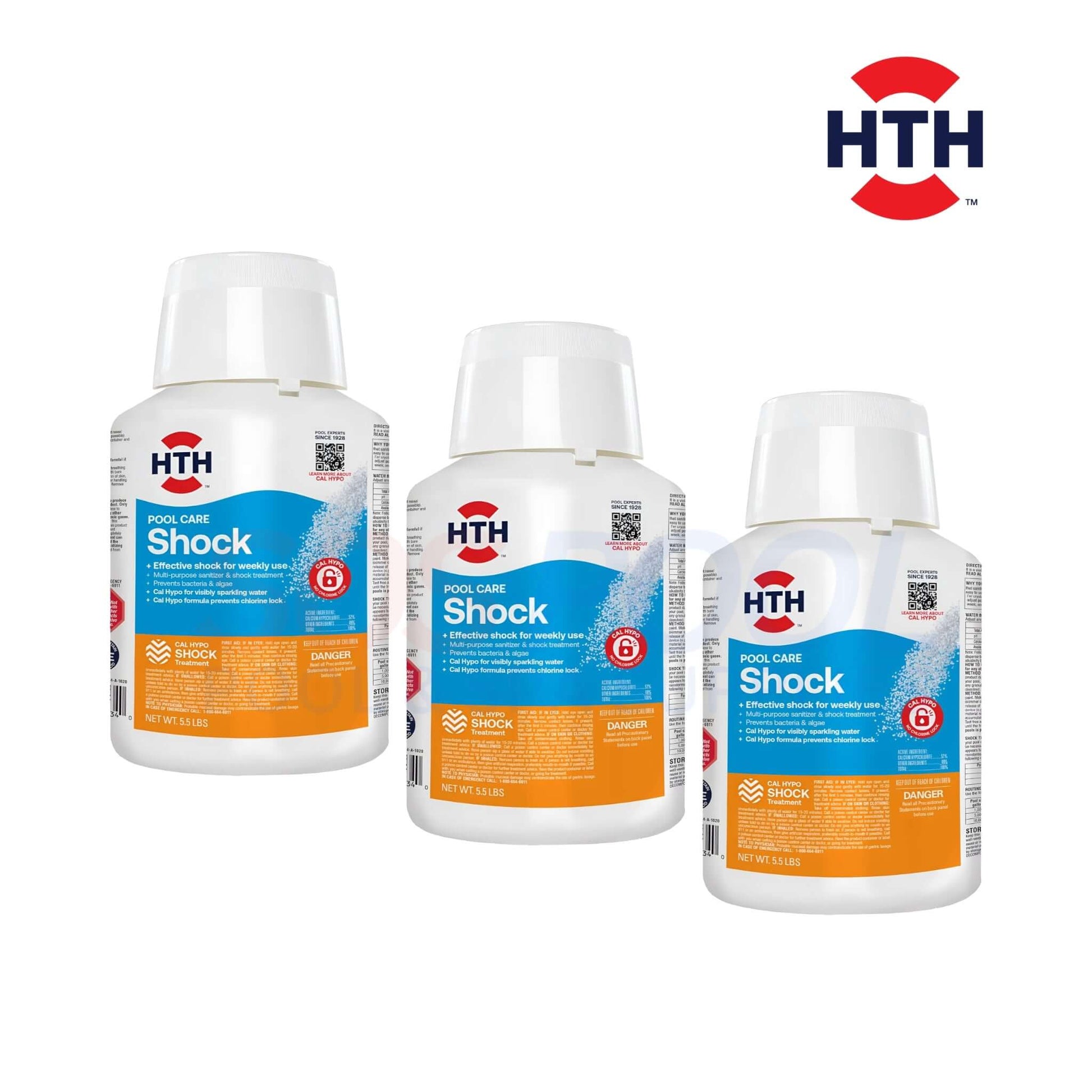 HTH Pool Care Shock 5lb, 52234, three containers for effective swimming pool maintenance, sanitizes and clarifies water.