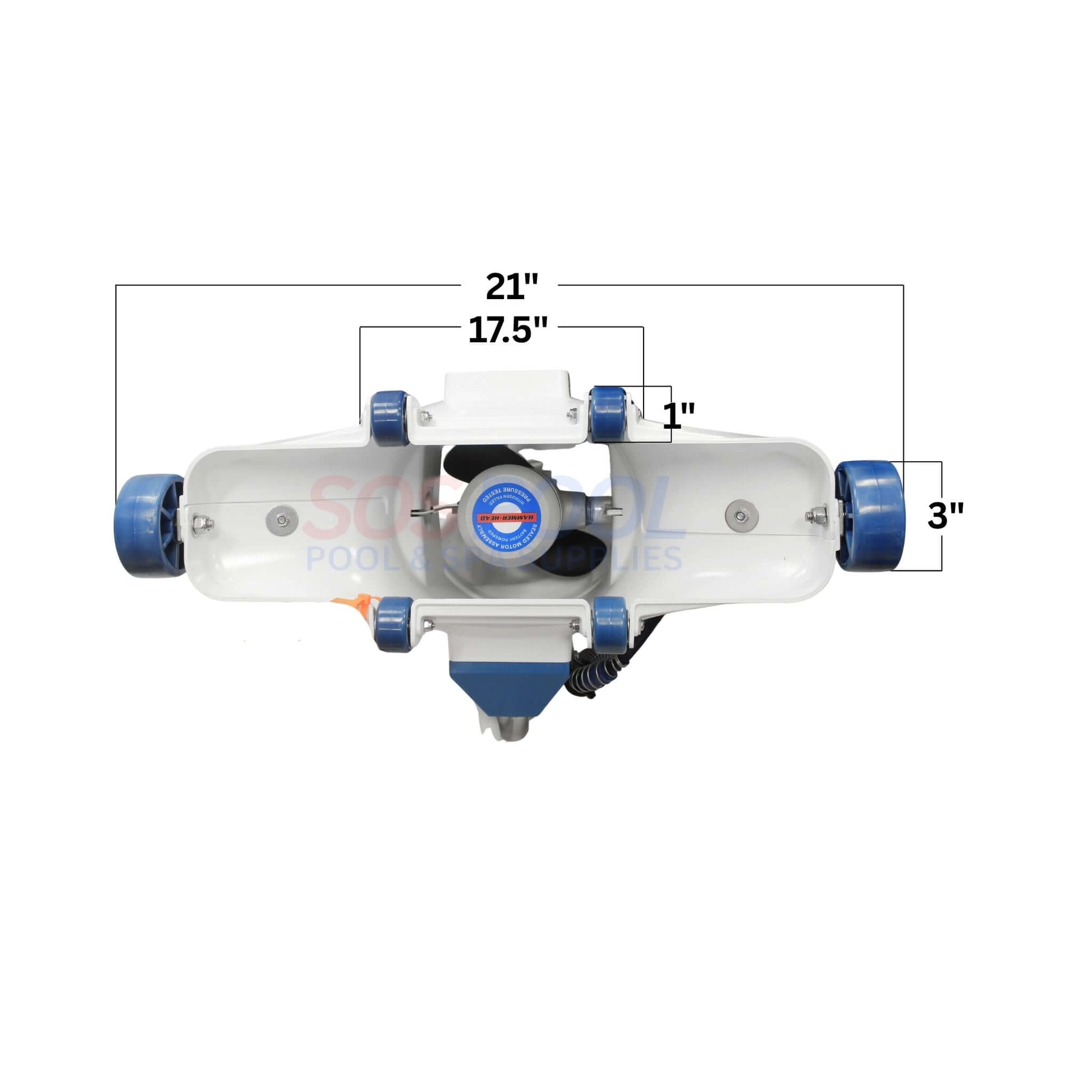 HammerHead 21" Vacuum Head With 60' Cord | HH1310-60, front view showing dimensions and components for precise cleaning in pools.
