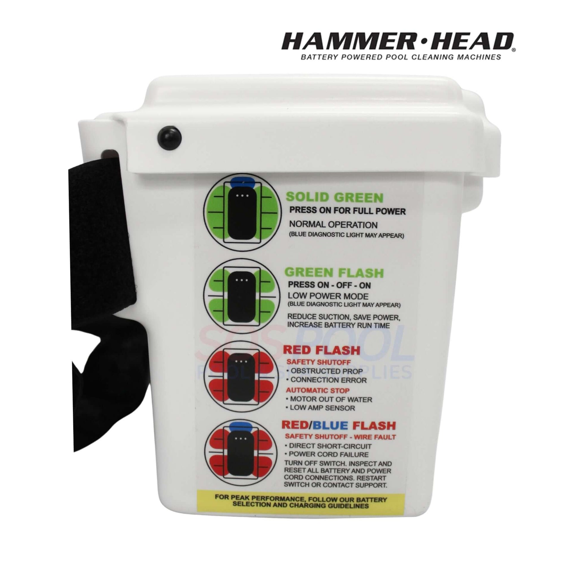 HammerHead Remora Portable Pool Vacuum | XR1600 battery status indicator showing LED signals for operation and errors.
