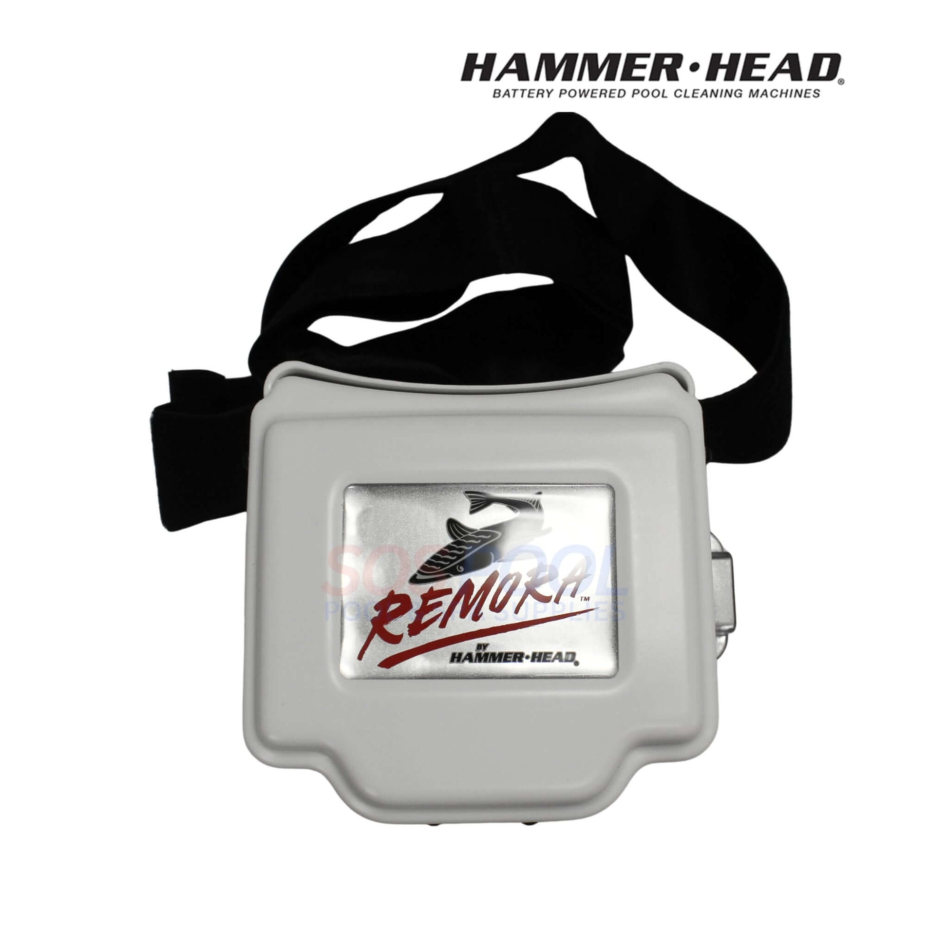 HammerHead Remora Portable Pool Vacuum | XR1600 lithium battery pack with belt strap, showcasing the SOS Pool logo for pool cleaning.