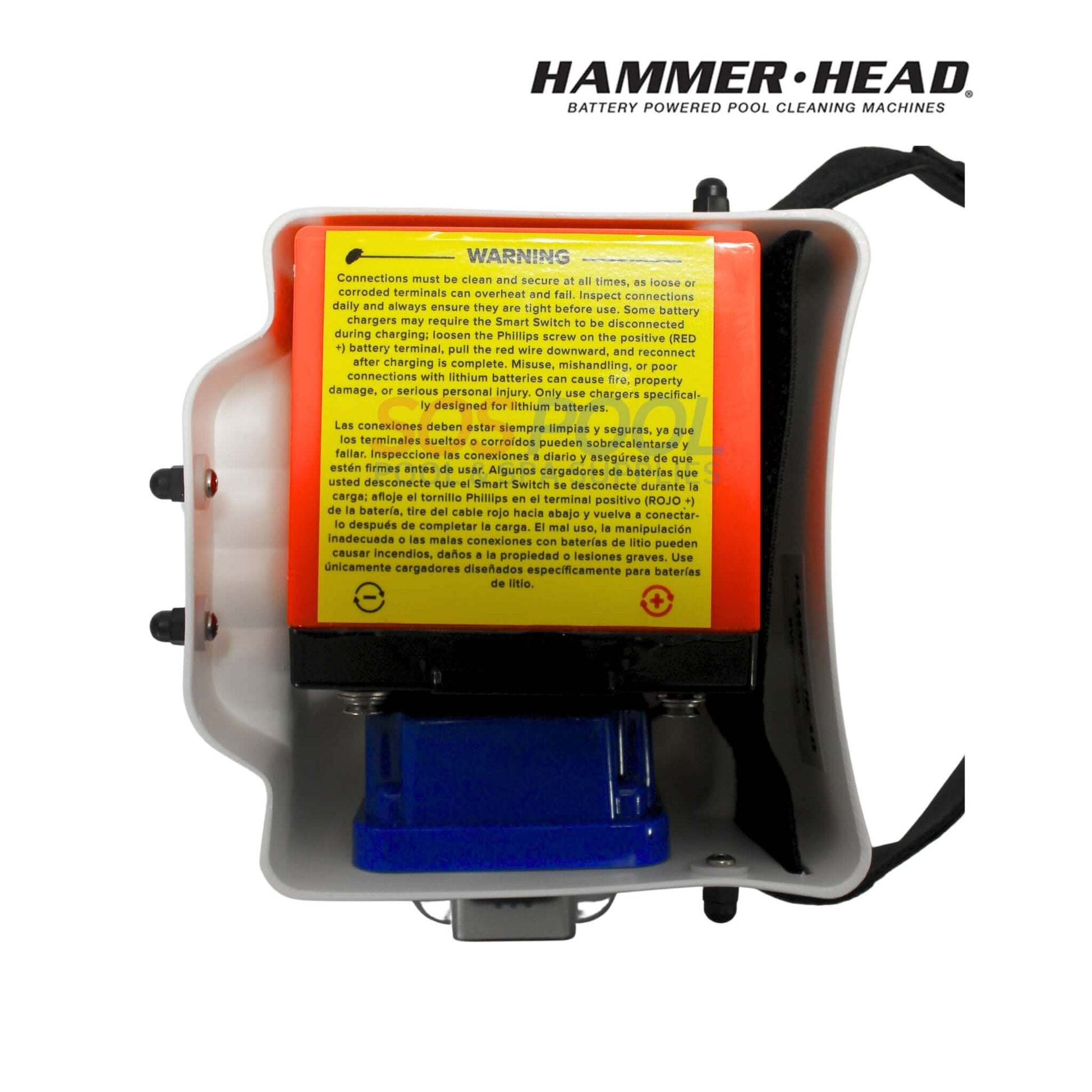 HammerHead Remora Portable Pool Vacuum | XR1600 battery compartment with warning label, ideal for portable pool cleaning.