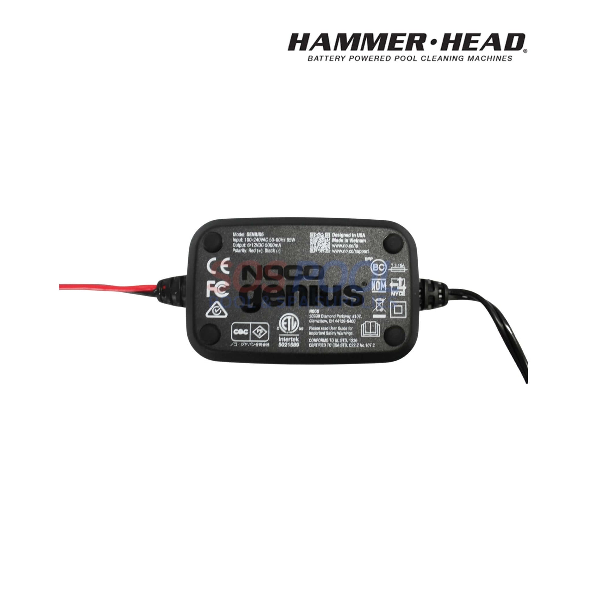 HammerHead Remora Portable Pool Vacuum | XR1600 battery charger with labels and connections, suitable for SOS pool supplies.