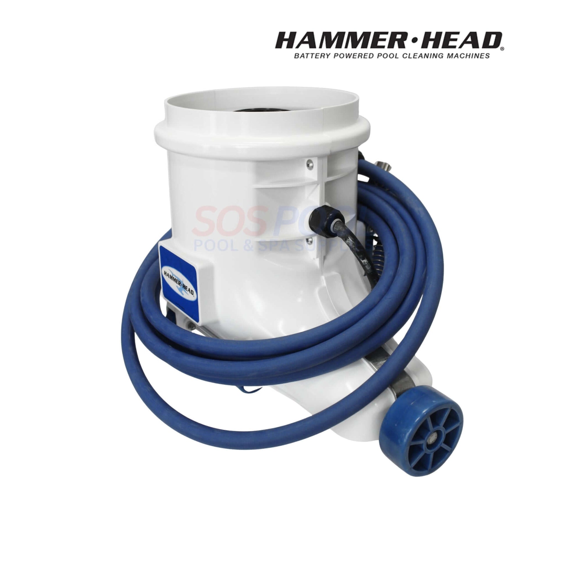 HammerHead Remora Portable Pool Vacuum | XR1600 shown from the front with a blue hose, perfect for efficient pool cleaning. SOS Pool supplies.