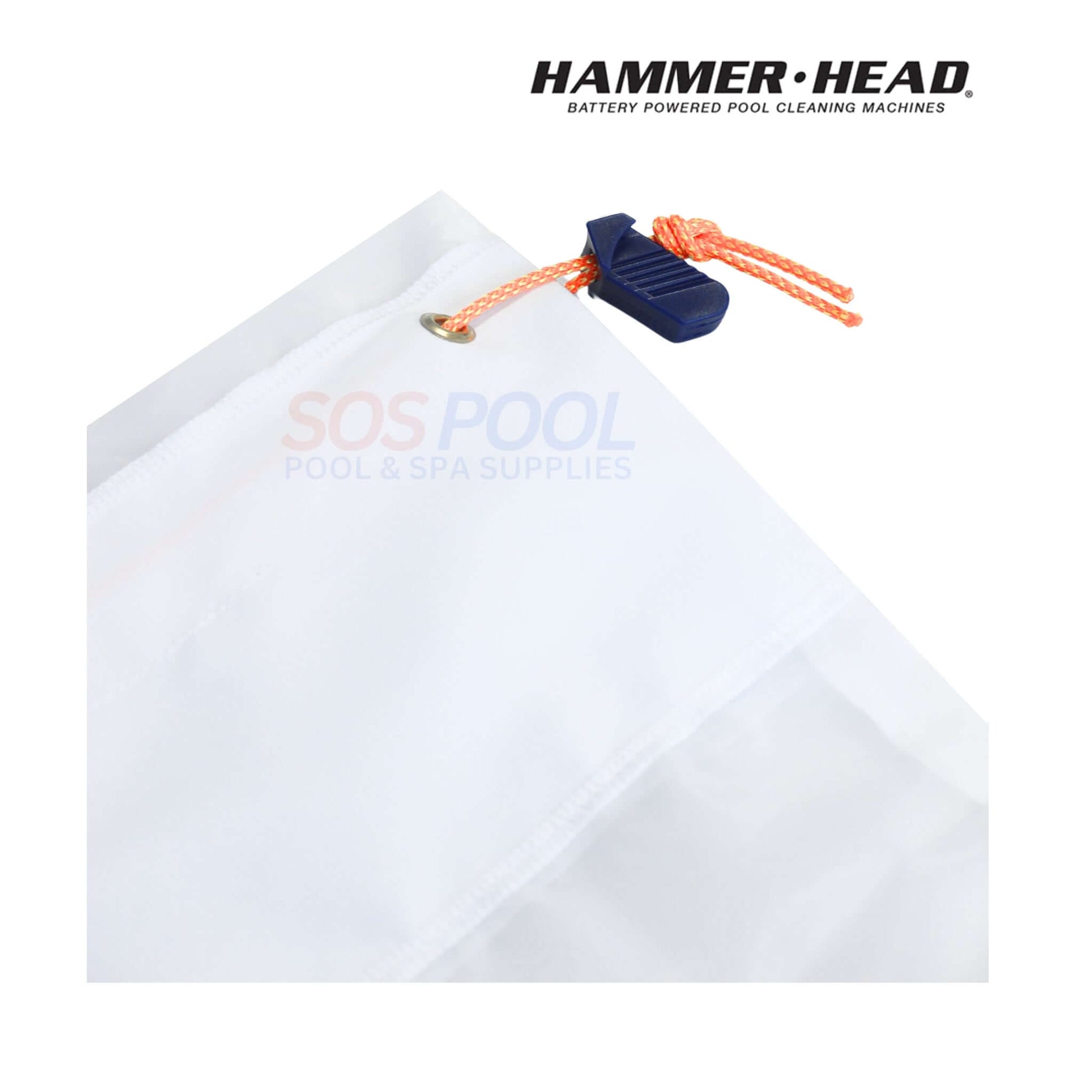 HammerHead Remora Portable Pool Vacuum | XR1600 showing a close-up of the white vacuum bag with SOS Pool branding and colorful drawstring.