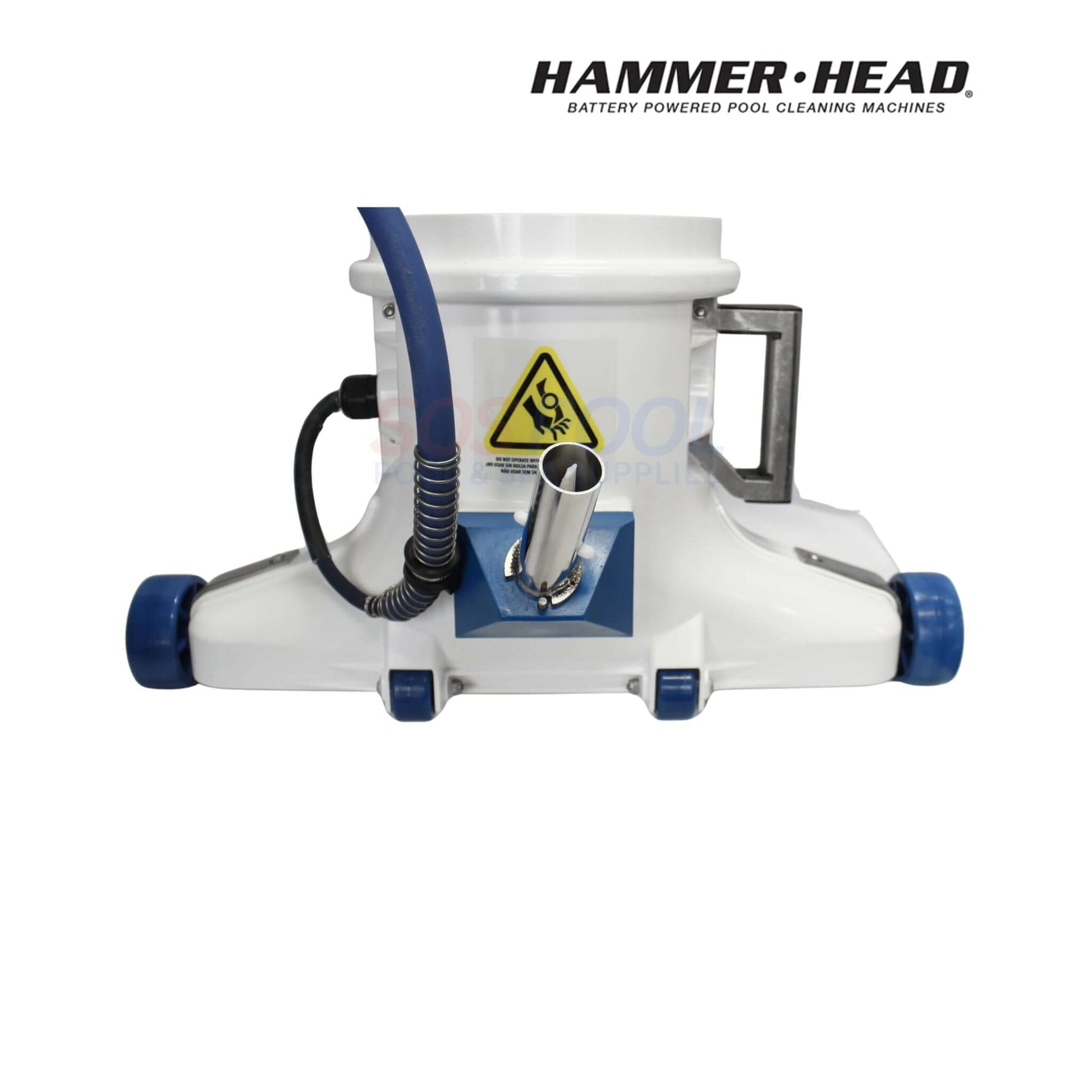 HammerHead Remora Portable Pool Vacuum | XR1600 front view, lightweight with blue wheels, ideal for mobile pool cleaning, SOS Pool supplies.