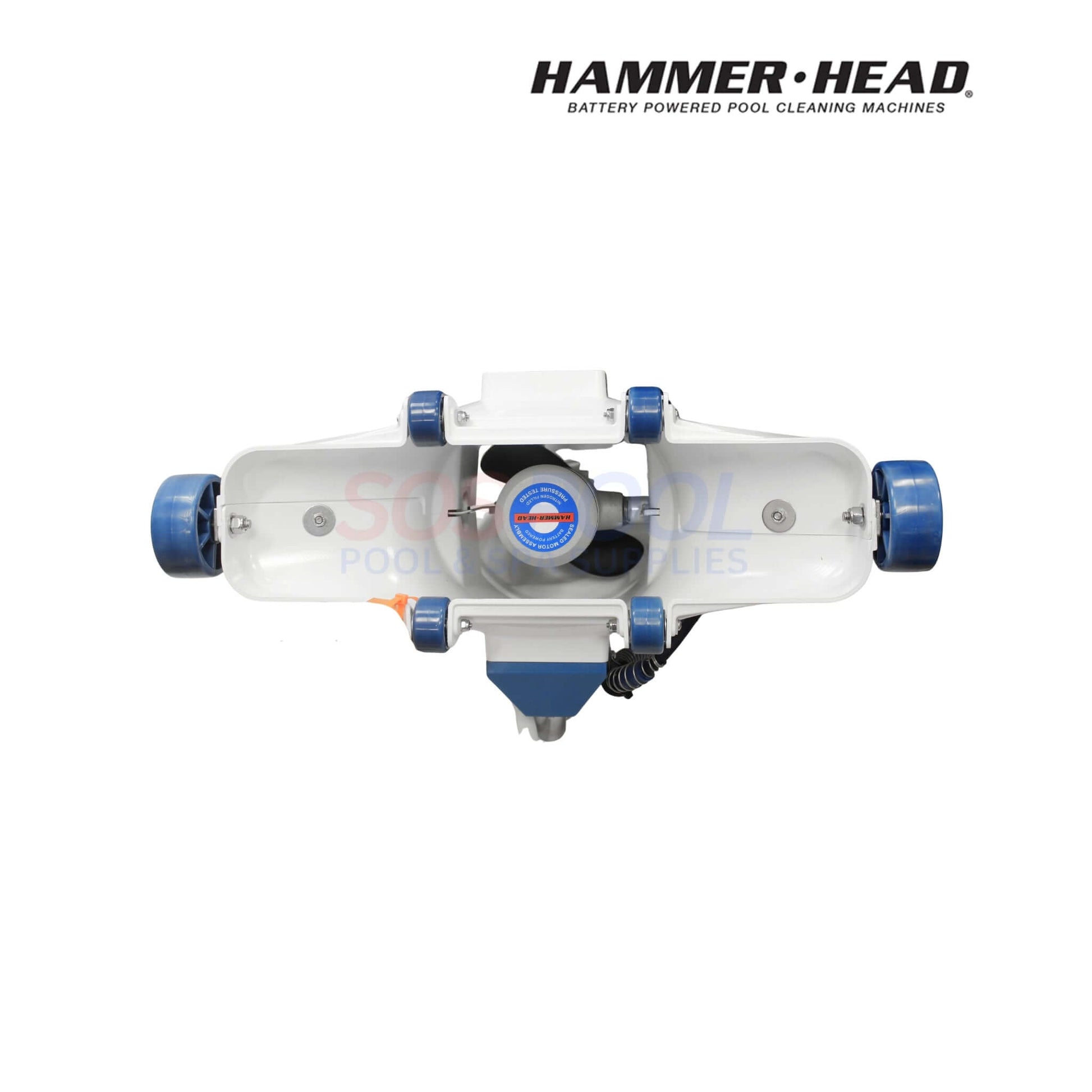 Top view of HammerHead Remora Portable Pool Vacuum | XR1600 in white and blue, showcasing its compact design for efficient cleaning.