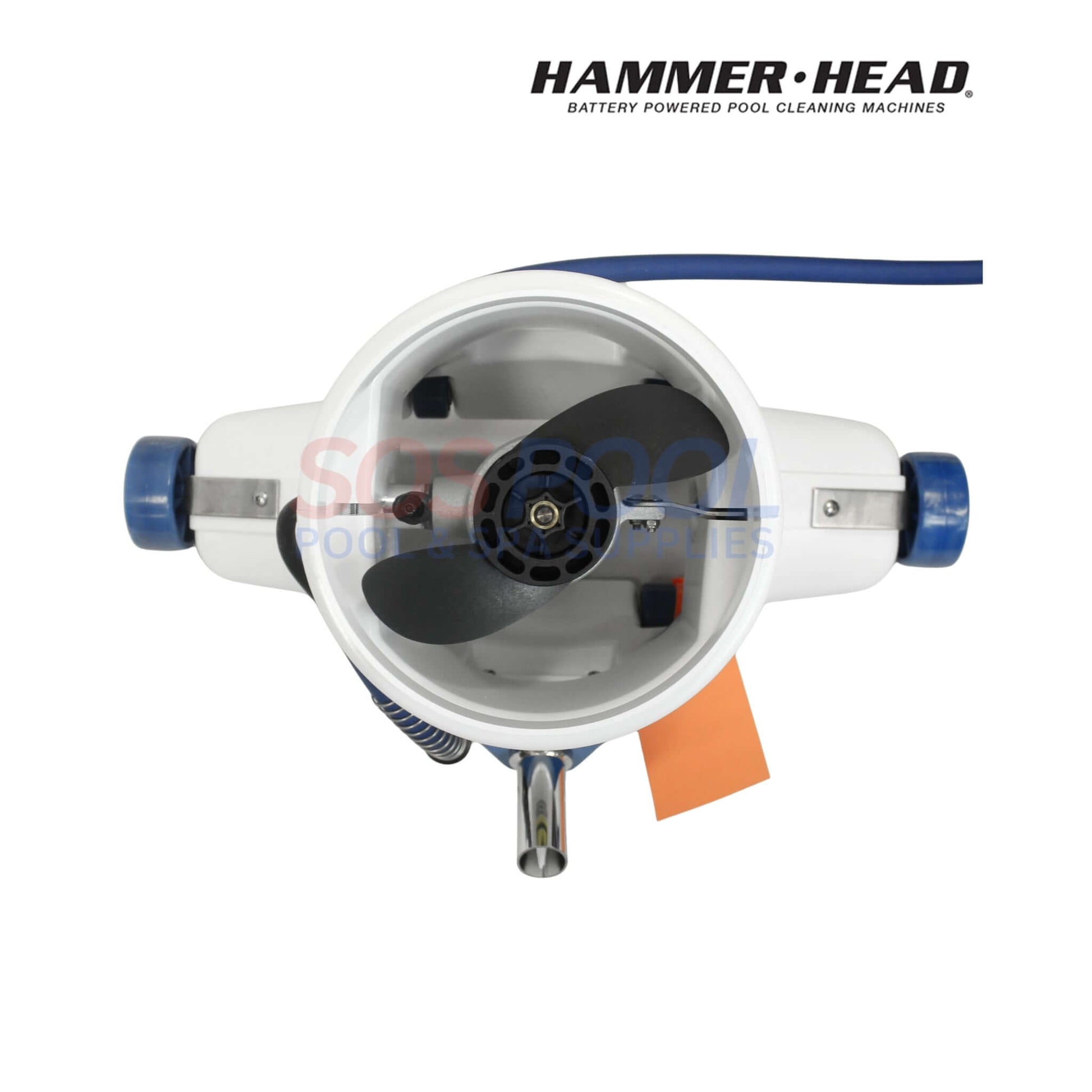HammerHead Remora Portable Pool Vacuum | XR1600 top view showing propeller, battery power, and 25-foot floating cord for pool cleaning.