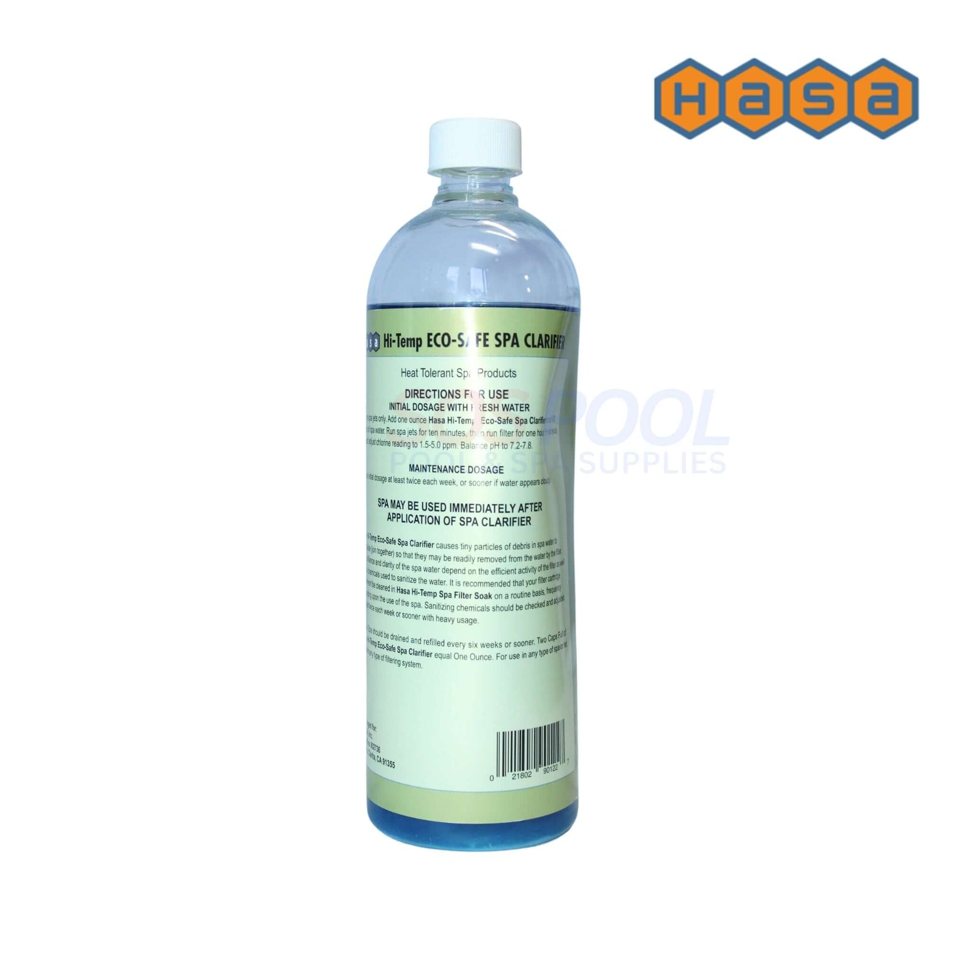 Hasa Hi-Temp Eco-Safe Water Clarifier 16oz 90121 for spas, enhances water clarity, SOS Pool compatible.