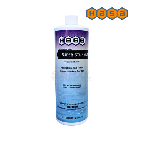 Hasa Super Stain Out 32oz bottle for SOS Pool, removes and prevents stains caused by metals in pool water.