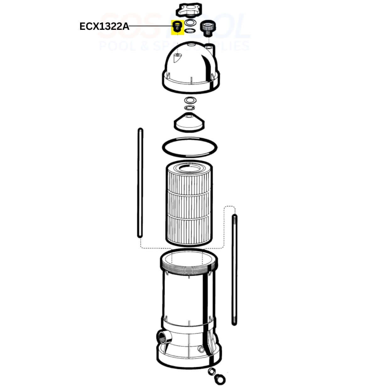 Diagram of Hayward Directional Vent Valve ECX1322A components, including O-ring, for improved pool filter performance, SOS Pool.