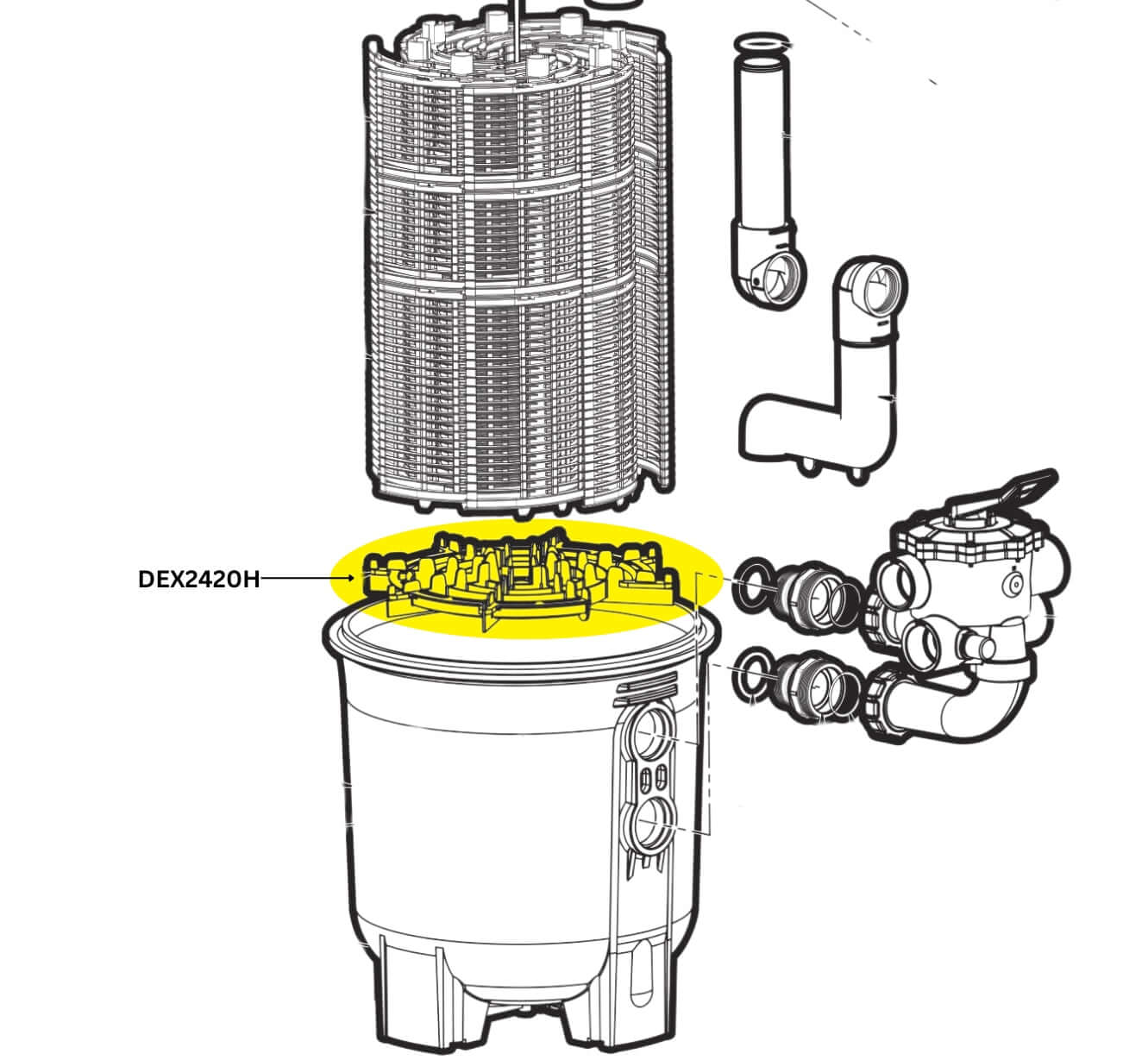 Diagram of Hayward DEX2400H DE filter element locator and components for SOS Pool maintenance.