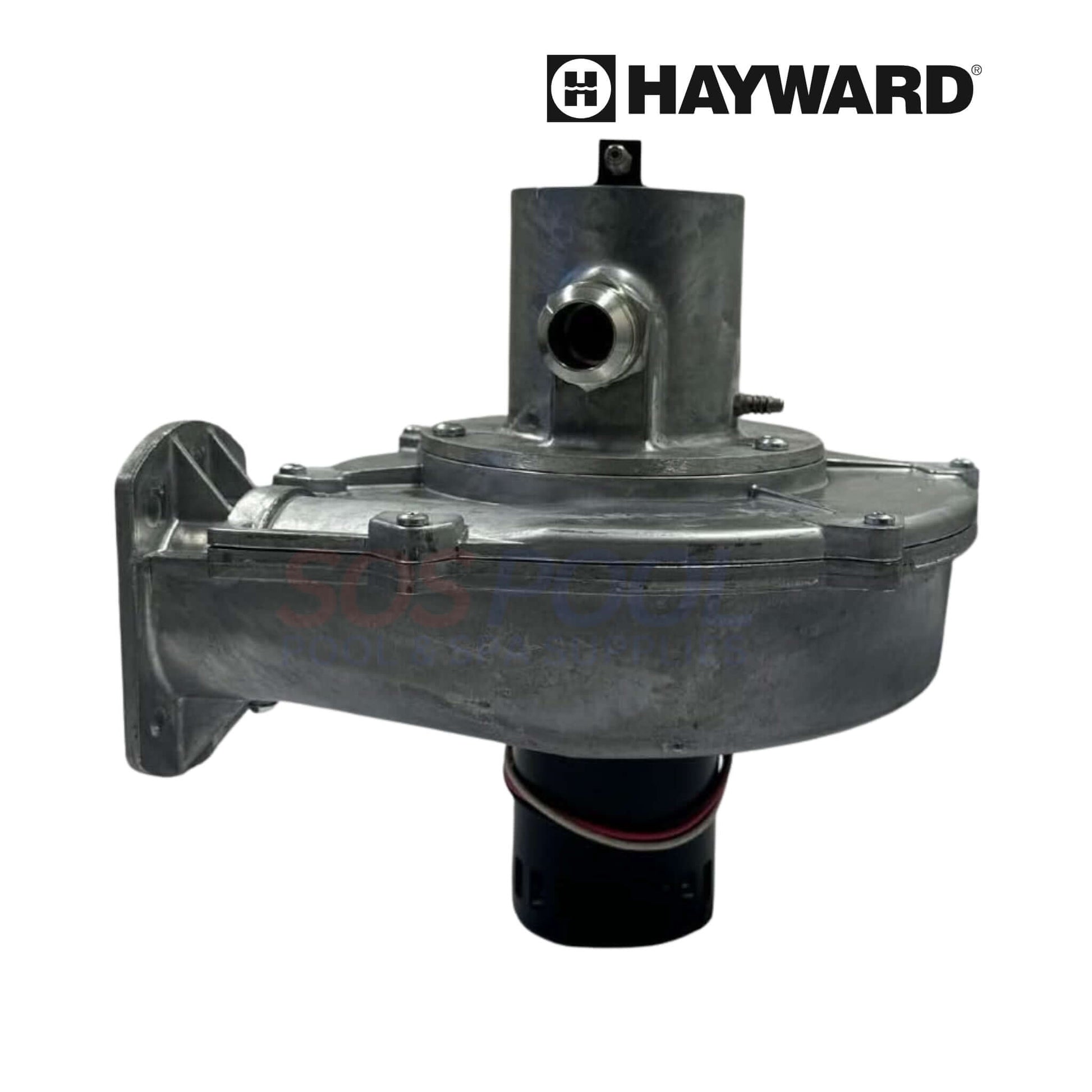 Hayward HC Series HDF Combustion Blower | HDXFBWR001 side view, durable metal housing, designed for pool heaters, SOS Pool supplies.
