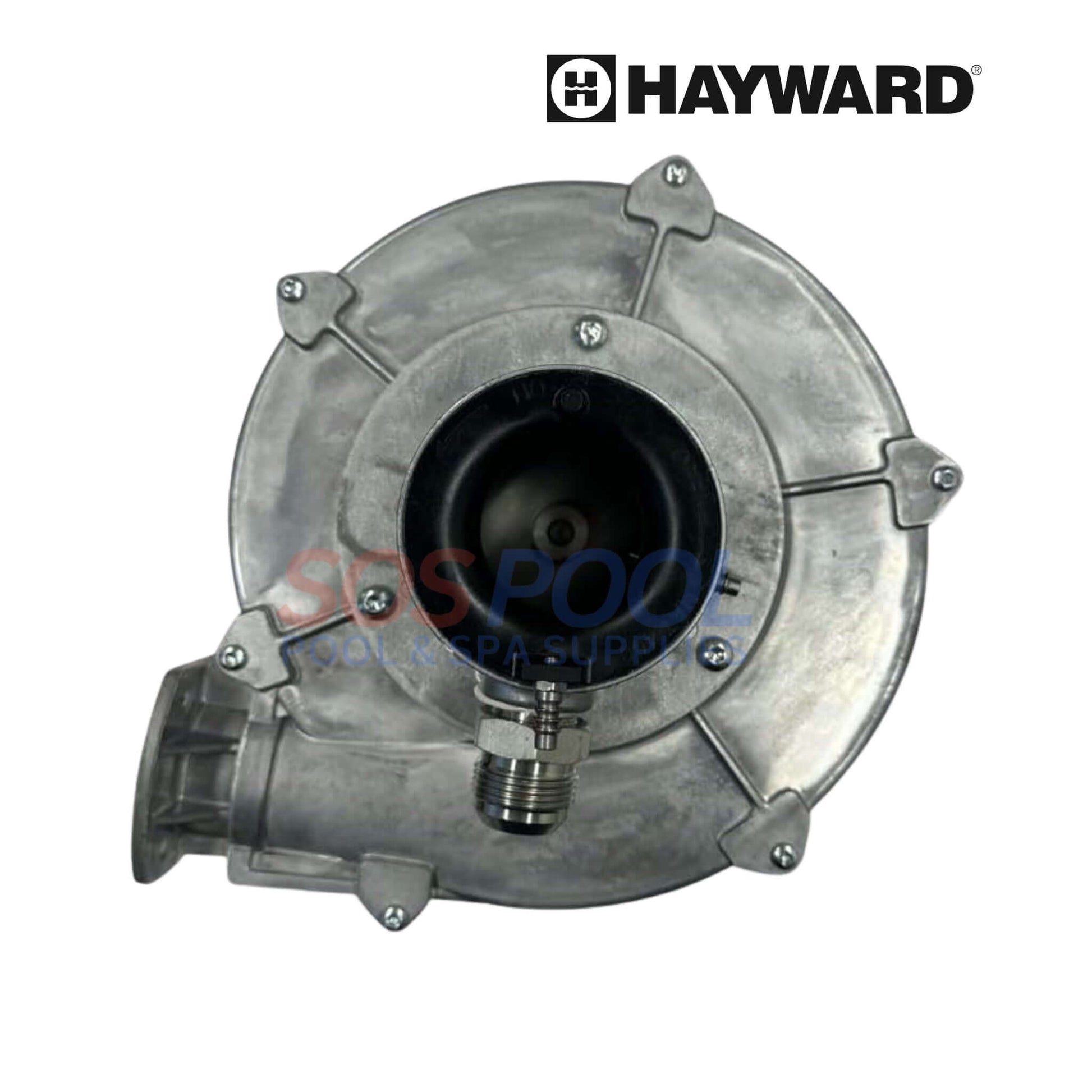 Hayward HC Series HDF Combustion Blower | HDXFBWR001, top view showing detailed construction, durable design, SOS Pool emblem.