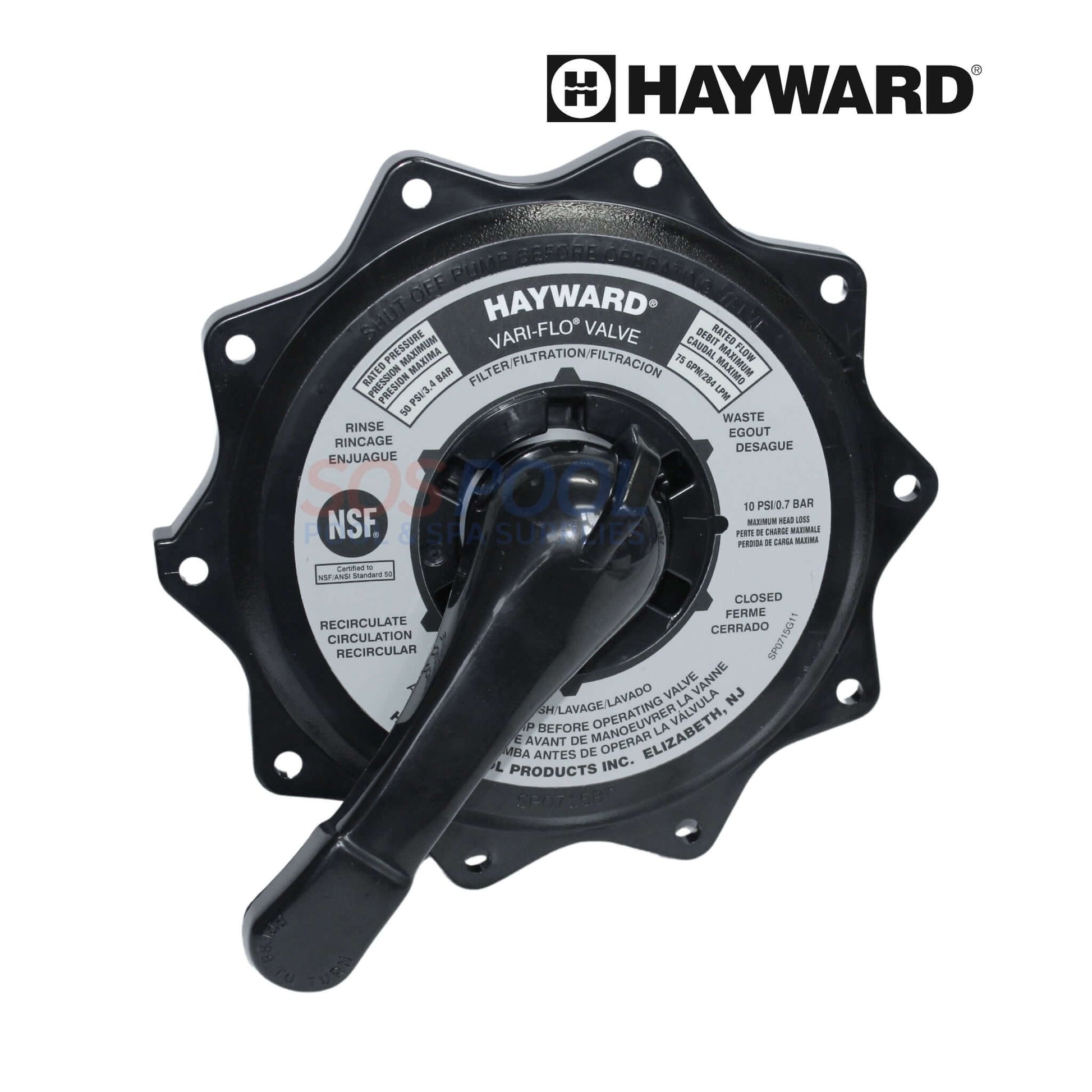 Hayward Vari-Flo Valve with handle, compatible with SP0715 & SP0716, ideal for top-mount sand filters, SOS Pool.