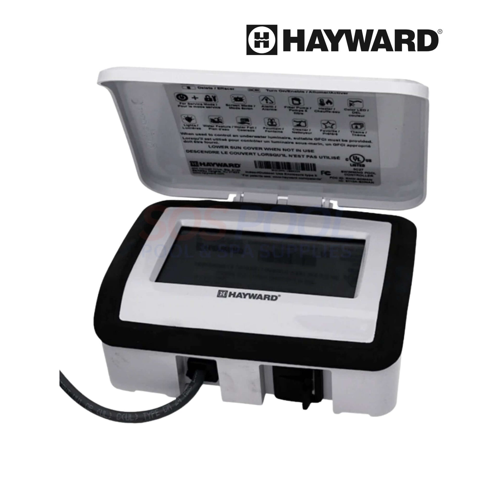 Hayward OmniHub Pool & Spa Controller | HLHCONTROL in white with open lid, showcasing LCD screen and buttons, ideal for SOS Pool supplies.