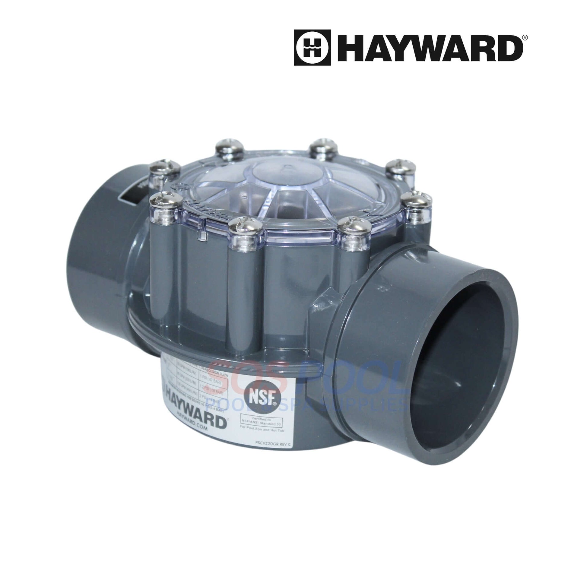 Hayward PVC Check Valve PSCV2S2DGR for 2"-2.5" plumbing, prevents backflow in pool systems. SOS Pool.