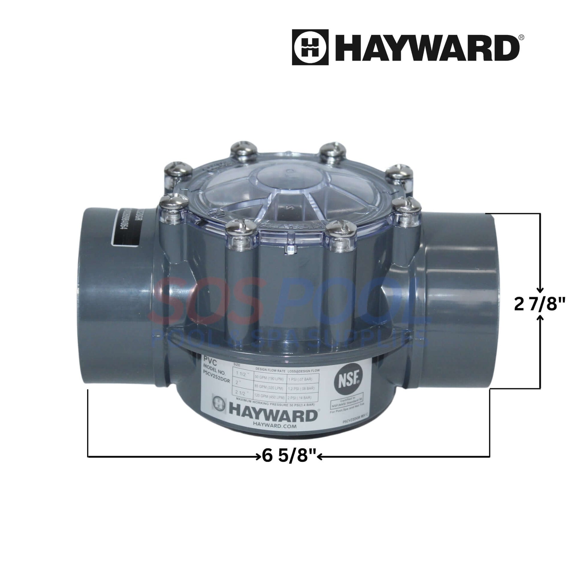 Hayward PVC Check Valve PSCV2S2DGR 2"-2.5" for pool systems by SOS Pool, corrosion-resistant with clear inspection top.