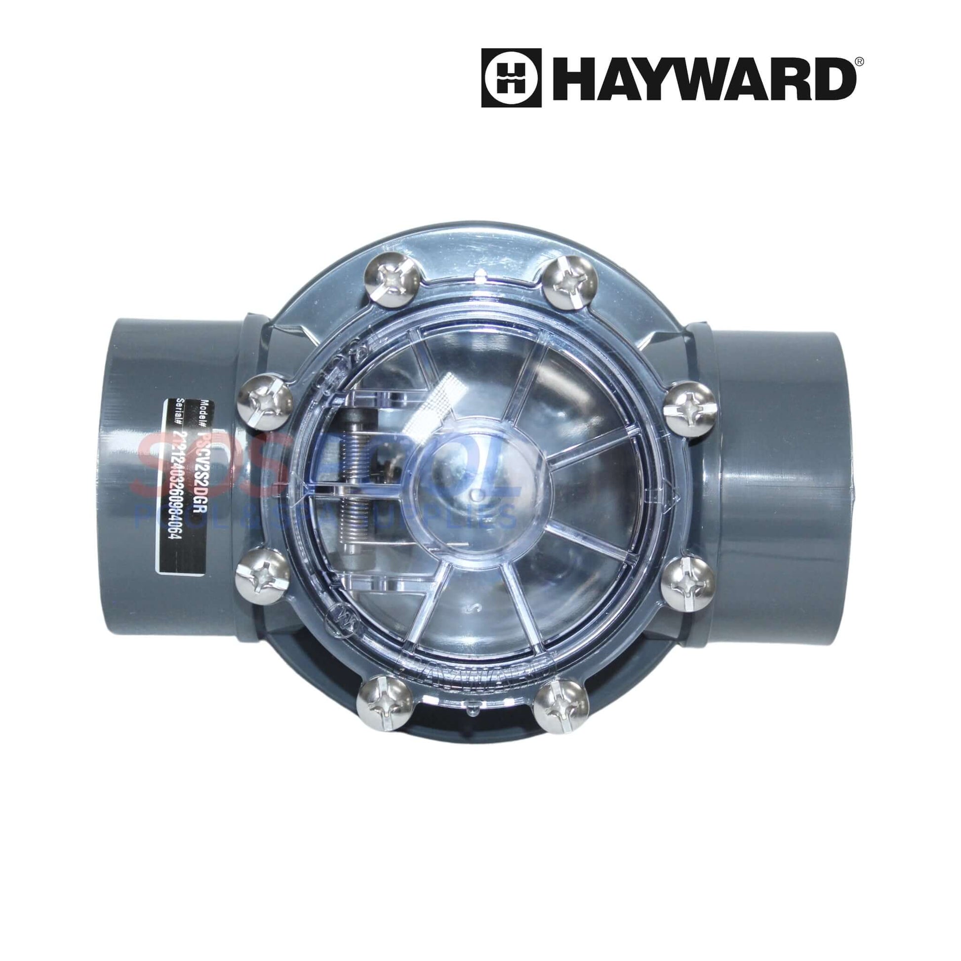 Hayward PVC Check Valve PSCV2S2DGR for 2" - 2.5" plumbing, unidirectional flow, ideal for SOS Pool systems.