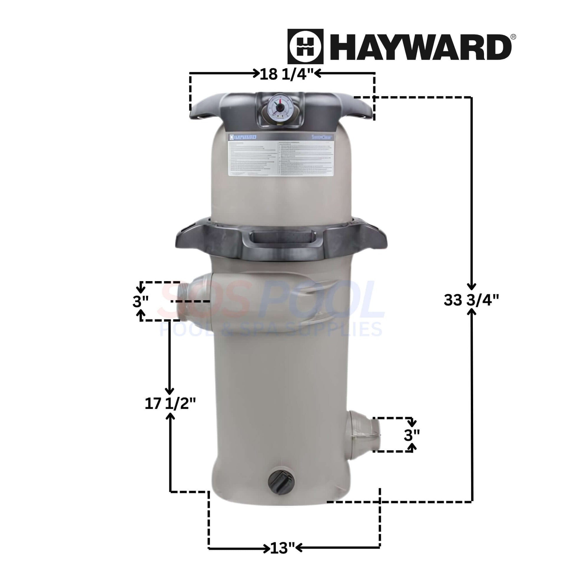 Hayward SwimClear 150 Sq Ft Single Cartridge Filter | W3C150S dimensions diagram showing measurements for installation and usage.