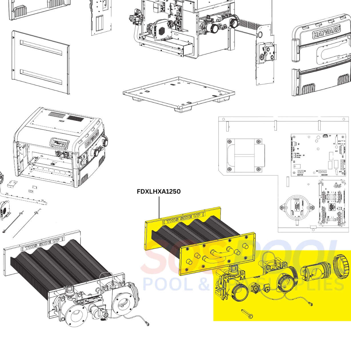 Hayward Heat Exchanger Assembly FDXLHXA1250 diagram for H250FD heaters by SOS Pool, showcasing detailed parts and assembly.