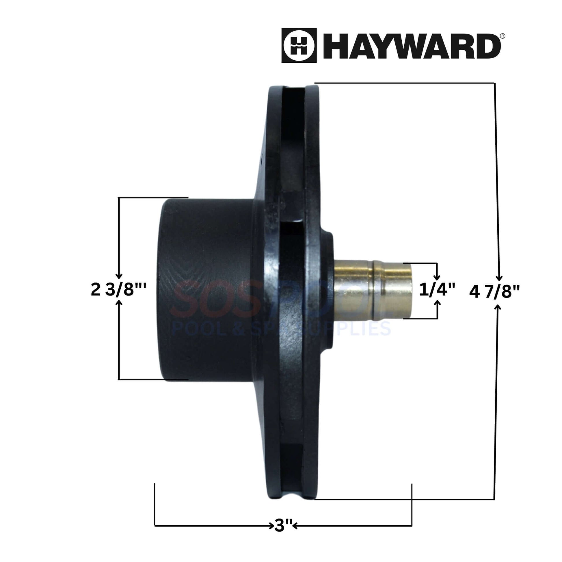 Hayward impeller for Super II pumps shown with dimensions, designed for 1.5HP motor, SKU SPX3016C, SOS Pool.