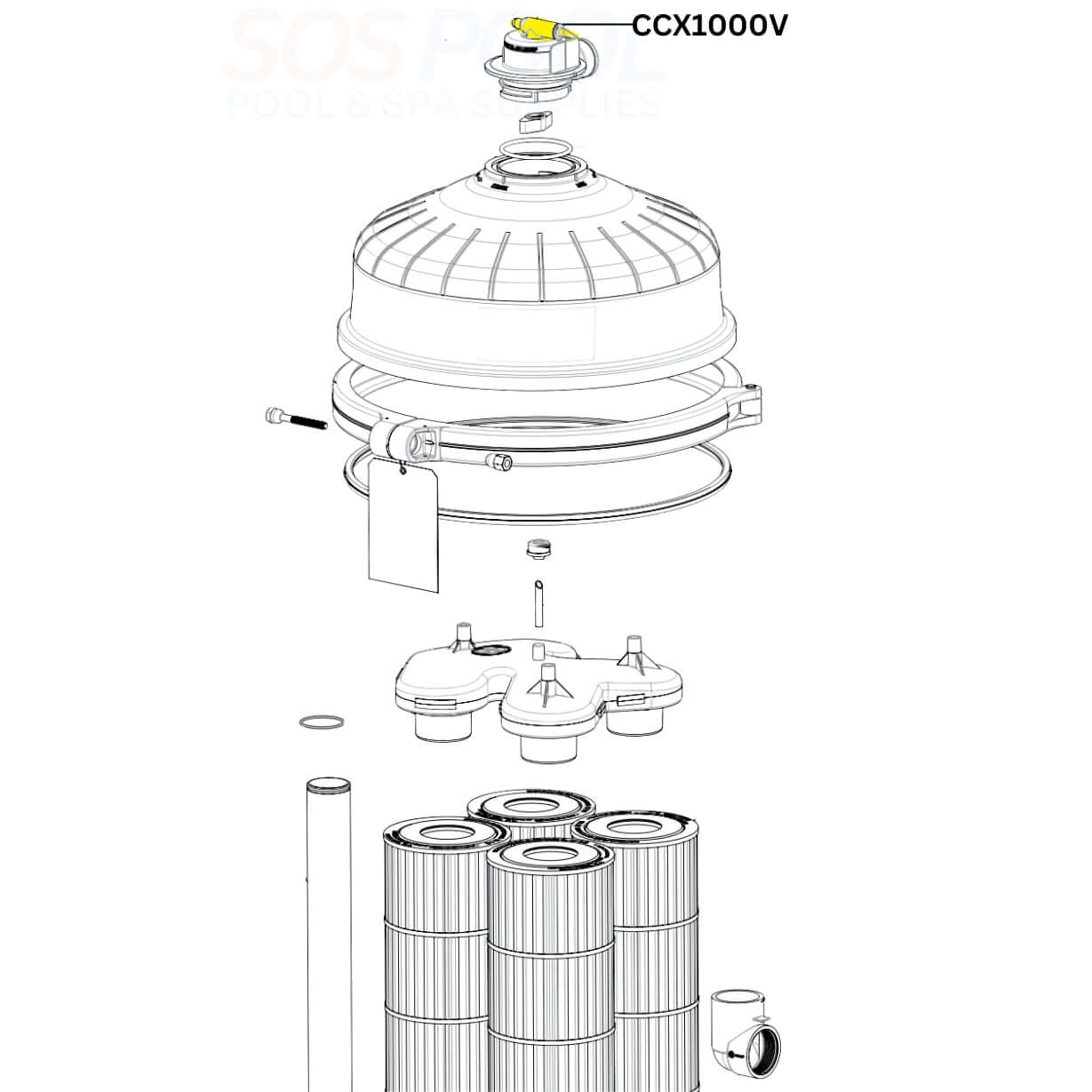 Hayward Manual Air Relief Valve CCX1000V assembly diagram, SOS Pool & Spa information for maintenance and installation.