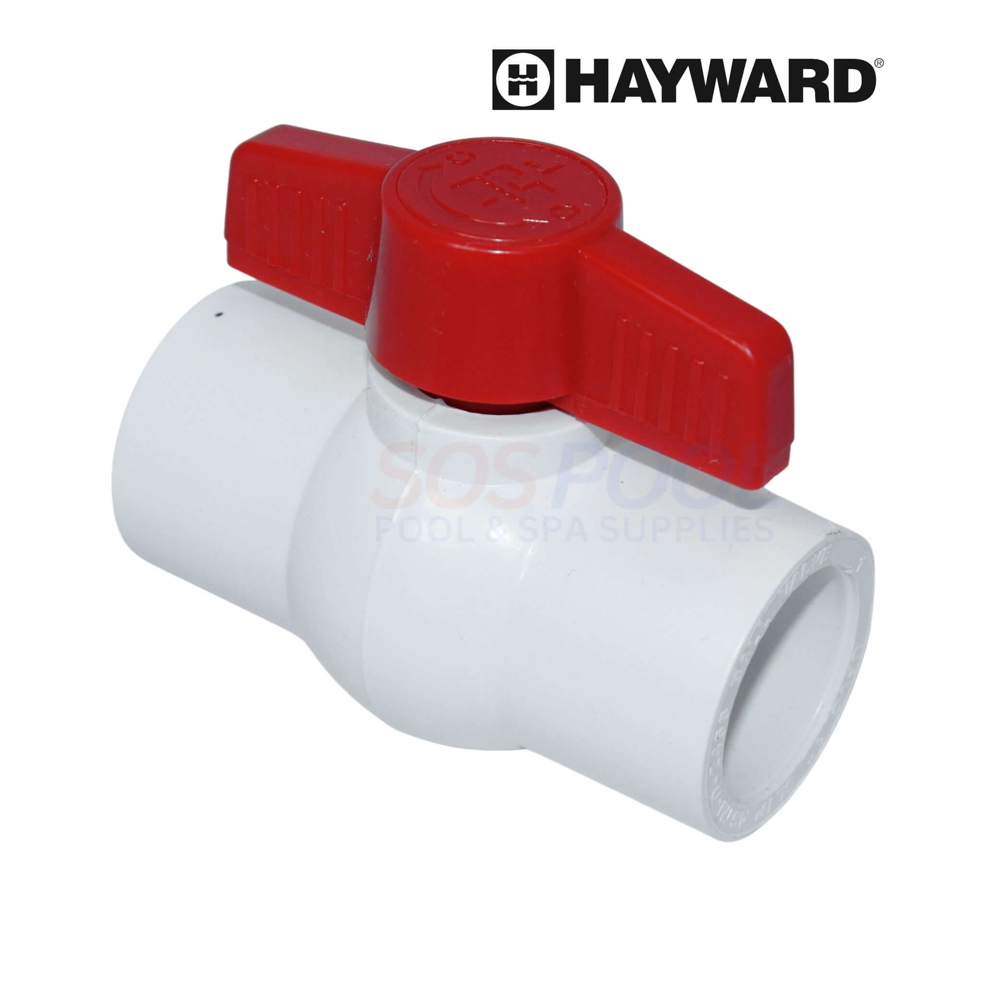 Hayward QVC Compact Ball Valve with red handle, 1"-2" size, PVC body, part number QVC1010SSEW, SOS Pool.