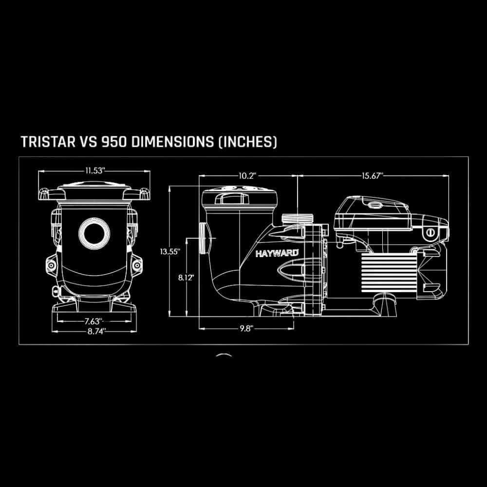 Hayward Tristar VS 950 Pump dimension diagram showing 2D measurements in inches for precise installation. SKU SP32950VSP.