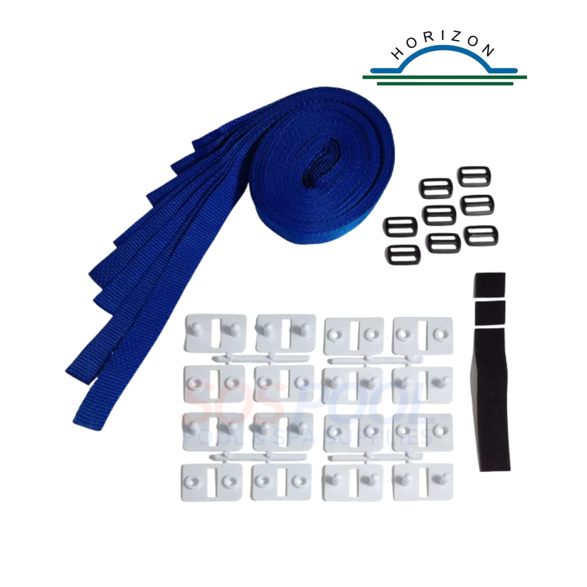 Horizon Universal Solar Blanket Cover Strap Kit | HV-7010 with blue straps, buckles, and cover plates for pool supplies.