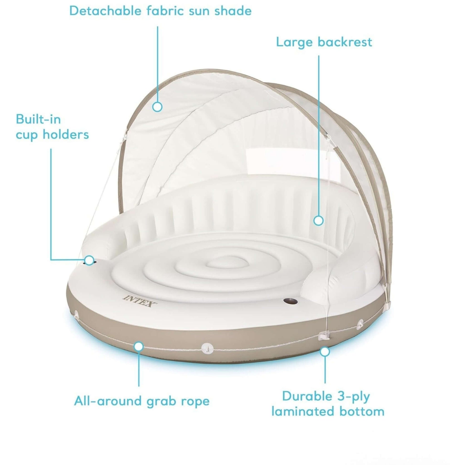 INTEX Canopy Island Inflatable Pool Float features sunshade, cup holders, large backrest, and durable bottom. SKU 58292EP.