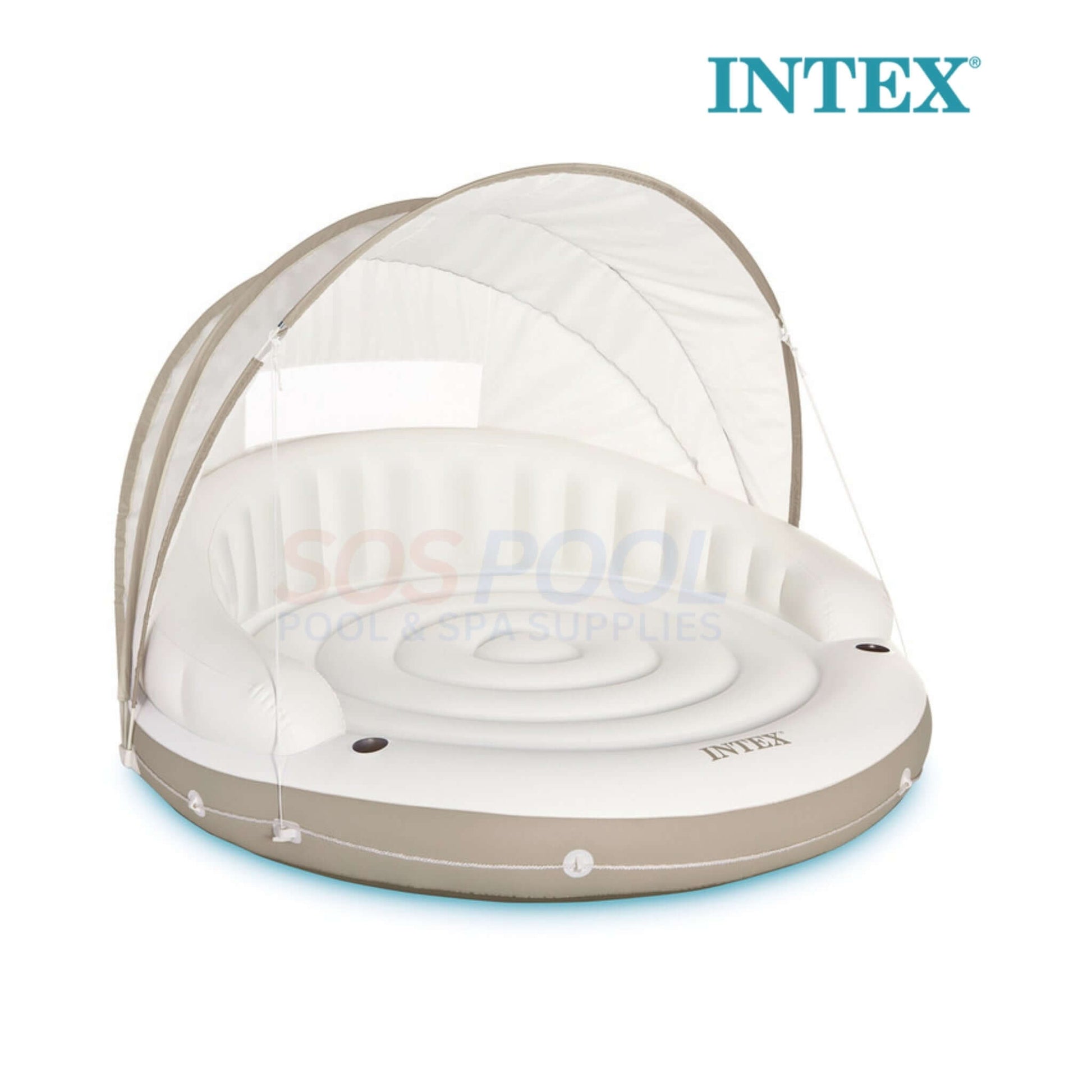 INTEX Canopy Island Inflatable Pool Float 58292EP with detachable sunshade and cup holders for SOS Pool relaxation.