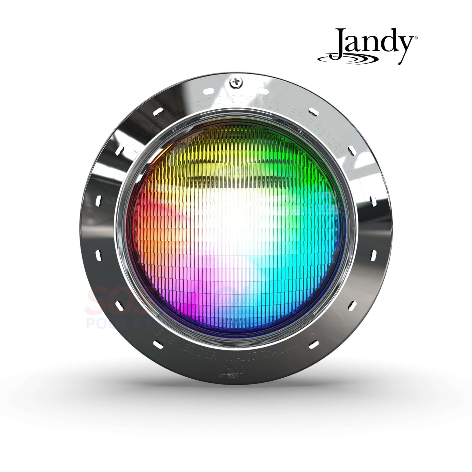 Jandy Infinite WaterColors LED Pool Light IWCP50W100 with vibrant rainbow colors, ideal for swimming pools and pool supplies.