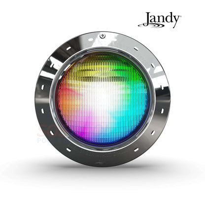 Jandy Infinite WaterColors LED Pool Light IWCP50W100 with vibrant rainbow colors, ideal for swimming pools and pool supplies.