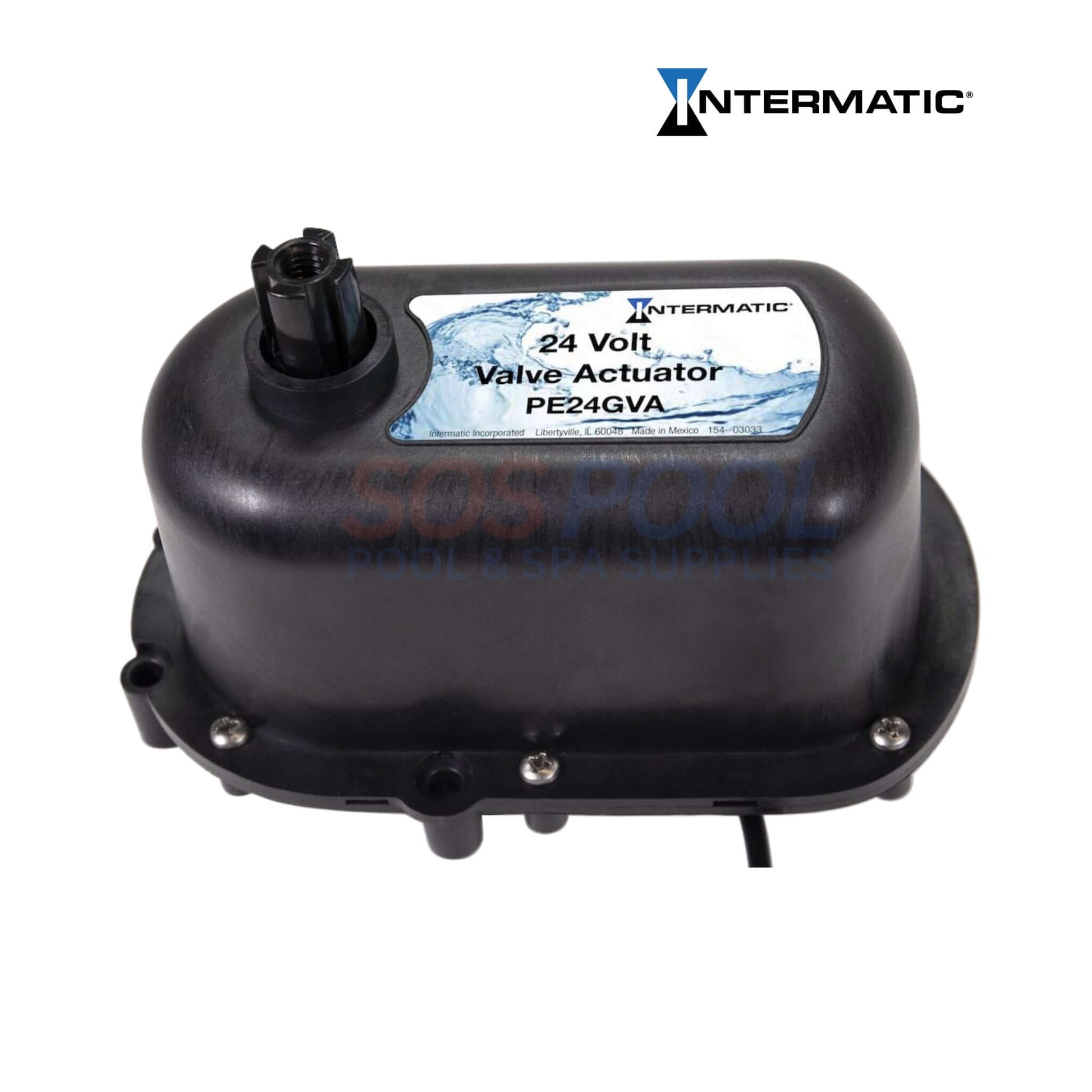 Intermatic PE24GVA 24-Volt Valve Actuator for pools and spas; features sleek black design, precise control for 2-way and 3-way valves.